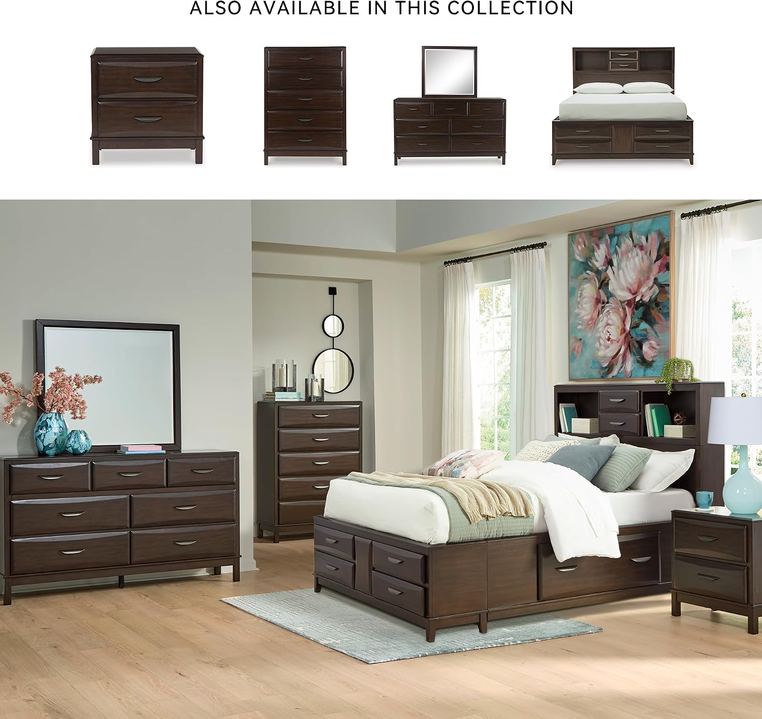 Signature Design by Ashley Vanmore Series Queen Bedframe with Headboard, Storage Drawers and Headboard Cubbies, Casual Contemporary Platform Bed, Dark Brown