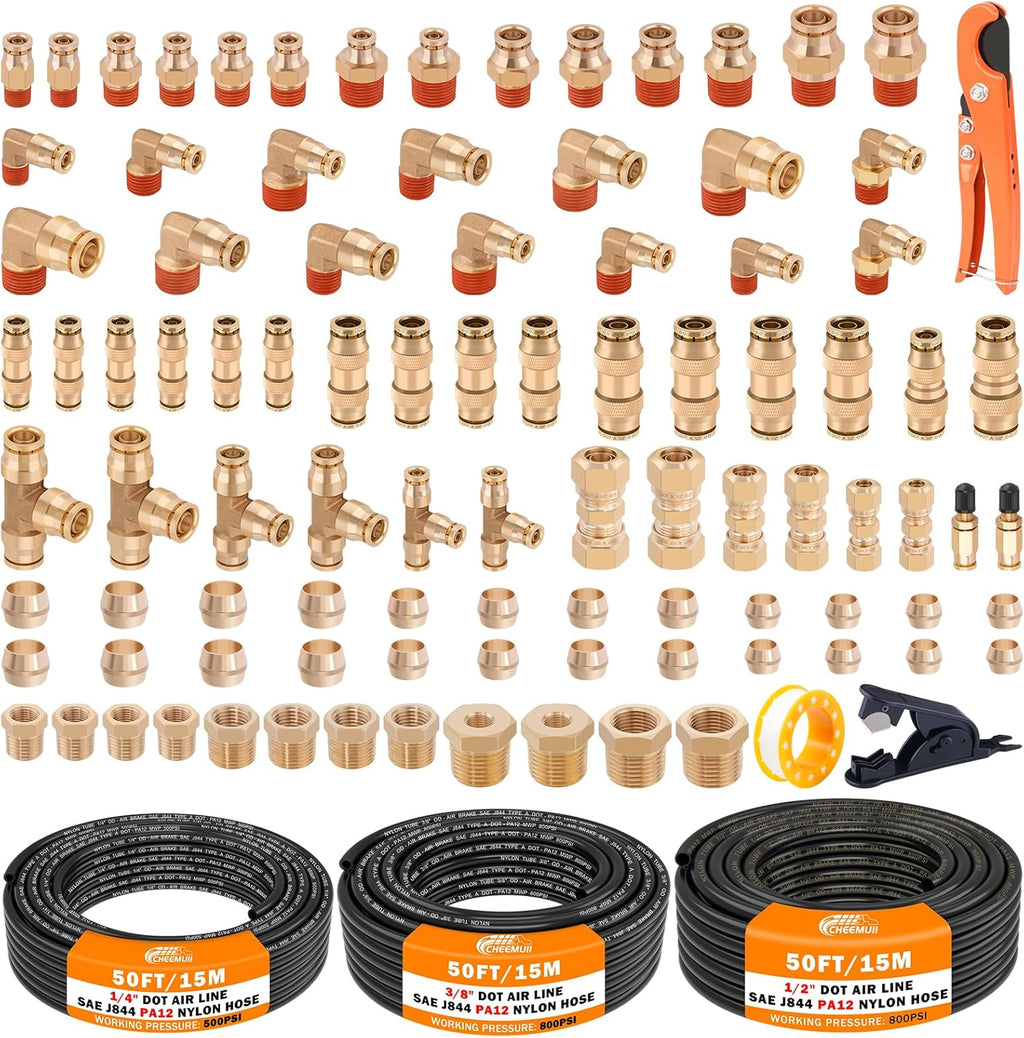 CheeMuii 100 PCS Brass DOT Air Line Fittings with 3 Roll 50FT 1/4' 3/8' 1/2' DOT Air Lines Kit Push Lock Air Fitting Quick Connect Air Fittings with Air Hose Pneumatic Tubing
