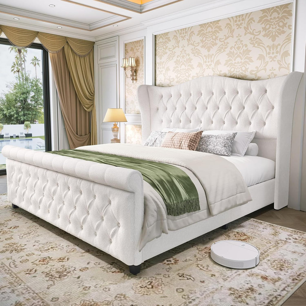 koorlian Queen Size Bed Frame,Chenille Upholstered Sleigh Bed with Scroll Wingback Headboard & Footboard,Luxury & Soft Button Tufted Queen Modern Bed,Easy Assembly,No Box Spring Needed