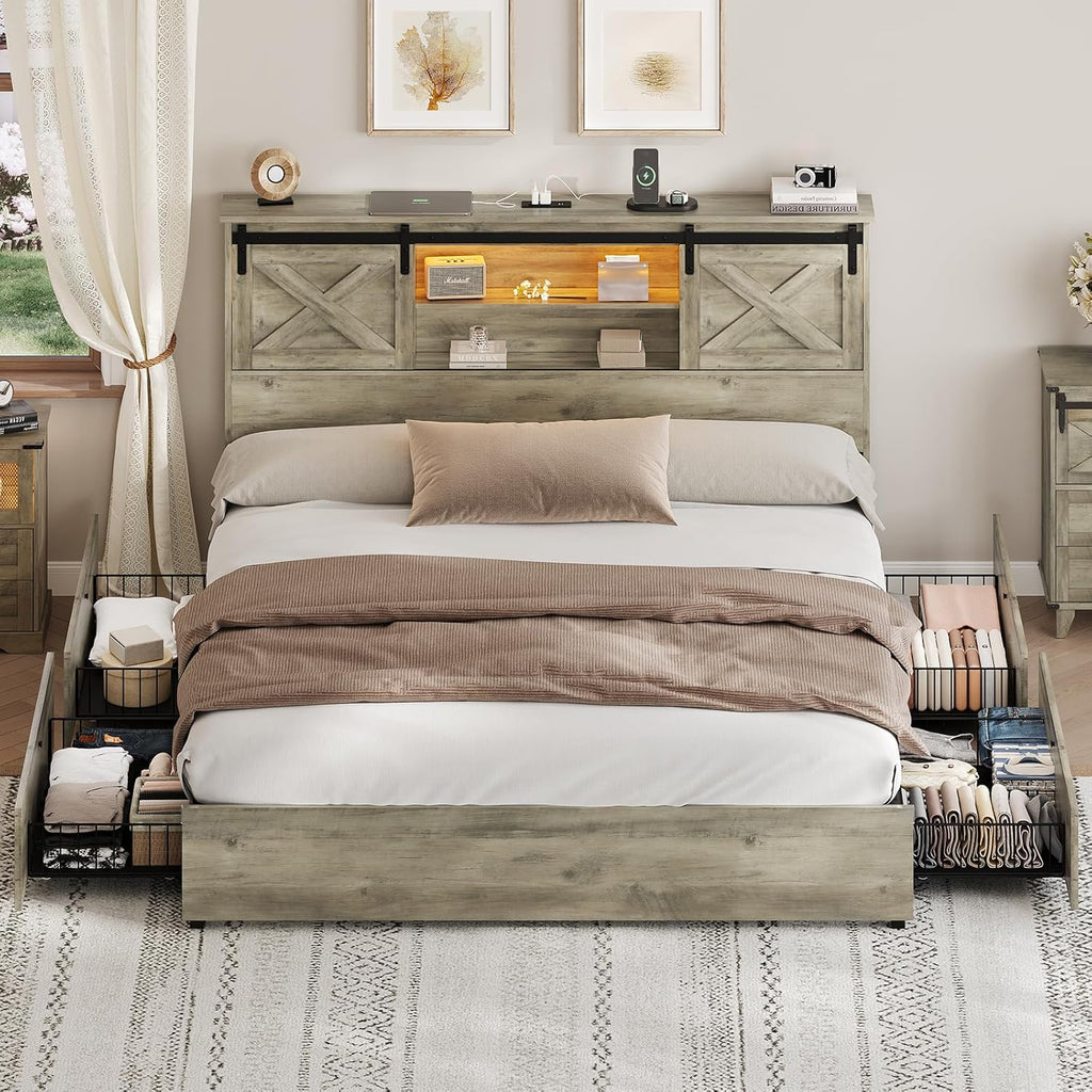 Hasuit Farmhouse Bed Frame King Size with 4 Storage Drawers, Wooden Platform King Beds with Charging Station and LED Lights, Rustic Bed with Storage Headboard and Sliding Barn Door