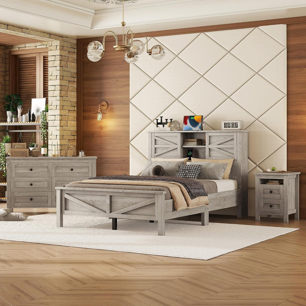 SOFTSEA 3 Pieces Bedroom Furniture Set - Farmhouse Style Bedroom Set Include Full Size Platform Bed with Barn Door Headboard and Nightstand and Dresser, Gray