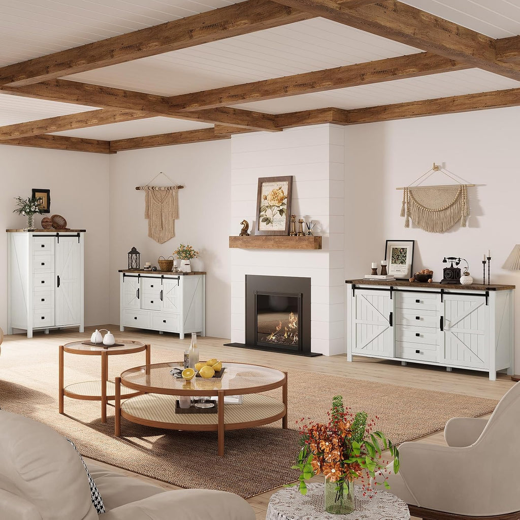 AMERLIFE 4-Piece Farmhouse Bedroom Set in Distressed White, Full Size Bed Frame with Bookcase Headboard, 5-Drawer Tall Dresser, 47'' Dresser with 4 Drawers, 60' Dresser with 4 Drawers