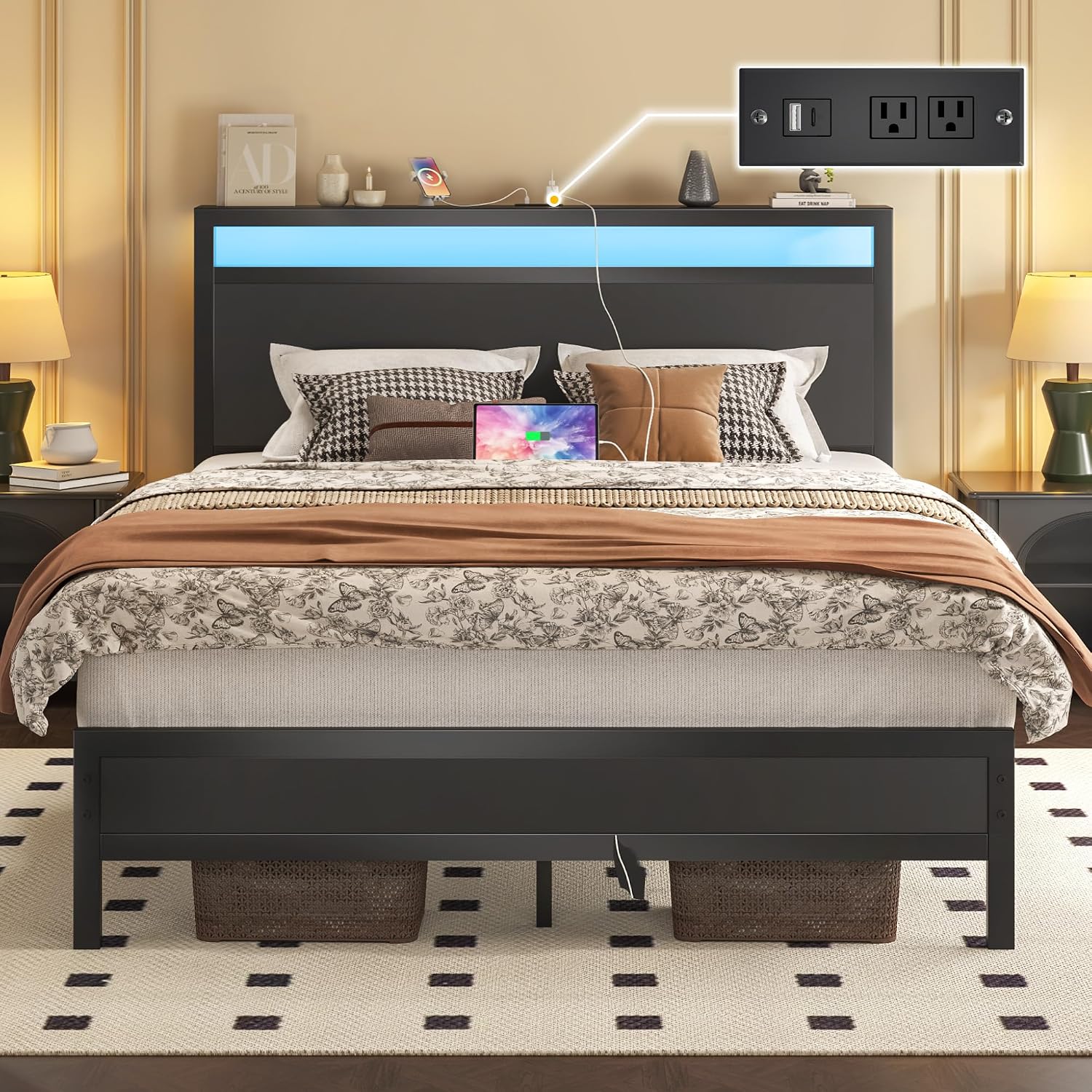 Fluest Full Bed Frame with Headboard & Footboard, Full Bed Frame with Built-in Charging Station & LED Light, Storage Shelf, Noise-Free, No Box Spring Needed, Easy Assembly, Classic Black
