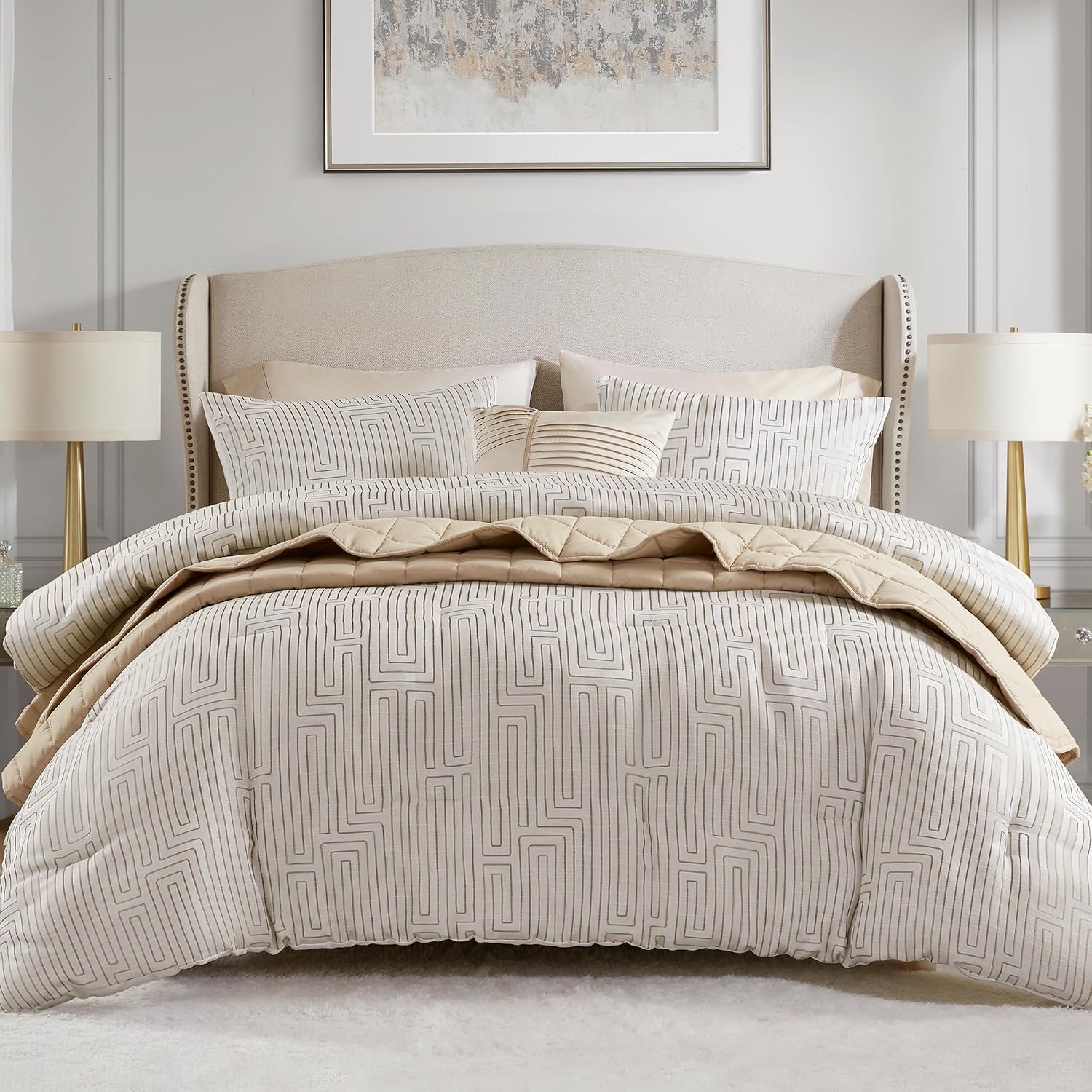 Madison Park Queen Comforter Set Jacquard Metallic Thread Comforters Queen Size Bed, All Season Comforter & Quilt Bedding Set Queen Size Comforter, Decor Pillows, Shams, Royce, Queen Ivory 5 Piece