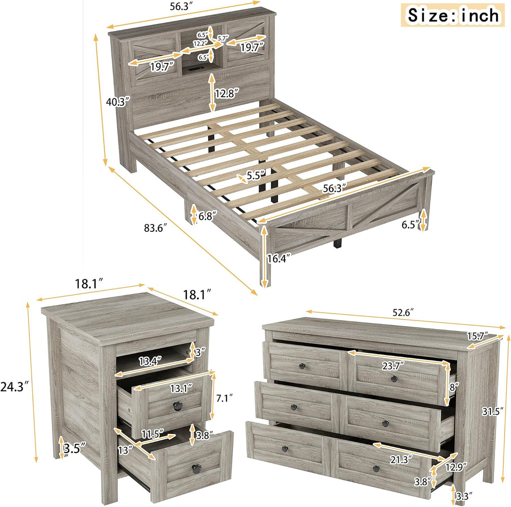 SOFTSEA 3 Pieces Bedroom Furniture Set - Farmhouse Style Bedroom Set Include Full Size Platform Bed with Barn Door Headboard and Nightstand and Dresser, Gray
