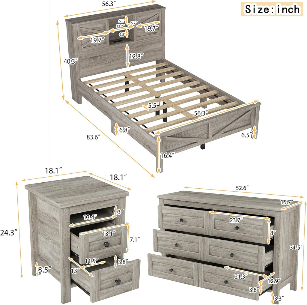 Farmhouse Design 3-Pieces Bedroom Sets, Full Size Platform Bed with Storage Nightstand and Dresser, Solid Wood Platform Bed with Double Sliding Door Storage Headboard and Charging Station
