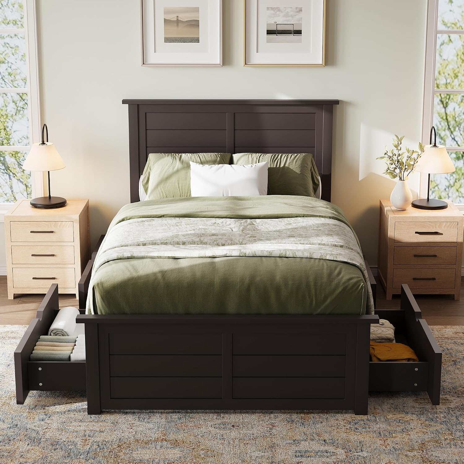 AMERLIFE Twin Bed Frame with Headboard, Platform Beds with 4 Storage Drawers, Wood Bed Frame for Bedroom, Wood Slats Support, Espresso
