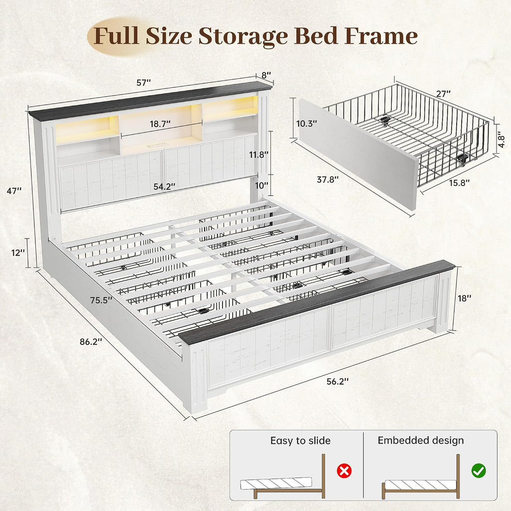 EnHomee Full Size Bed Frame with Storage, Full Bed Frame with 4 Drawers Charging Port & LED,Bed Frame with Headboard Built in Charging Station,No Box Spring Needed,NO Noise,White with Grain Marks