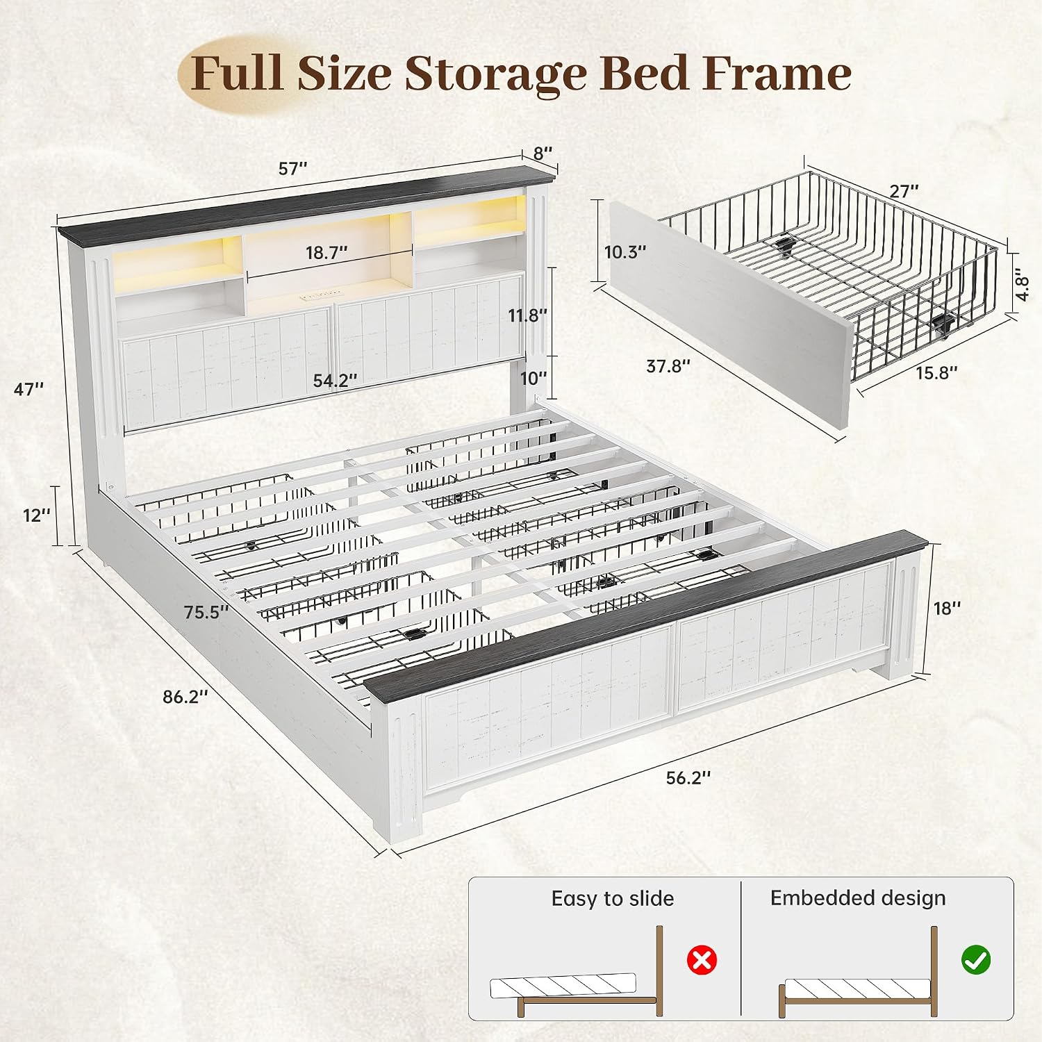 EnHomee Full Size Bed Frame with Storage, Full Bed Frame with 4 Drawers Charging Port & LED,Bed Frame with Headboard Built in Charging Station,No Box Spring Needed,NO Noise,White with Grain Marks