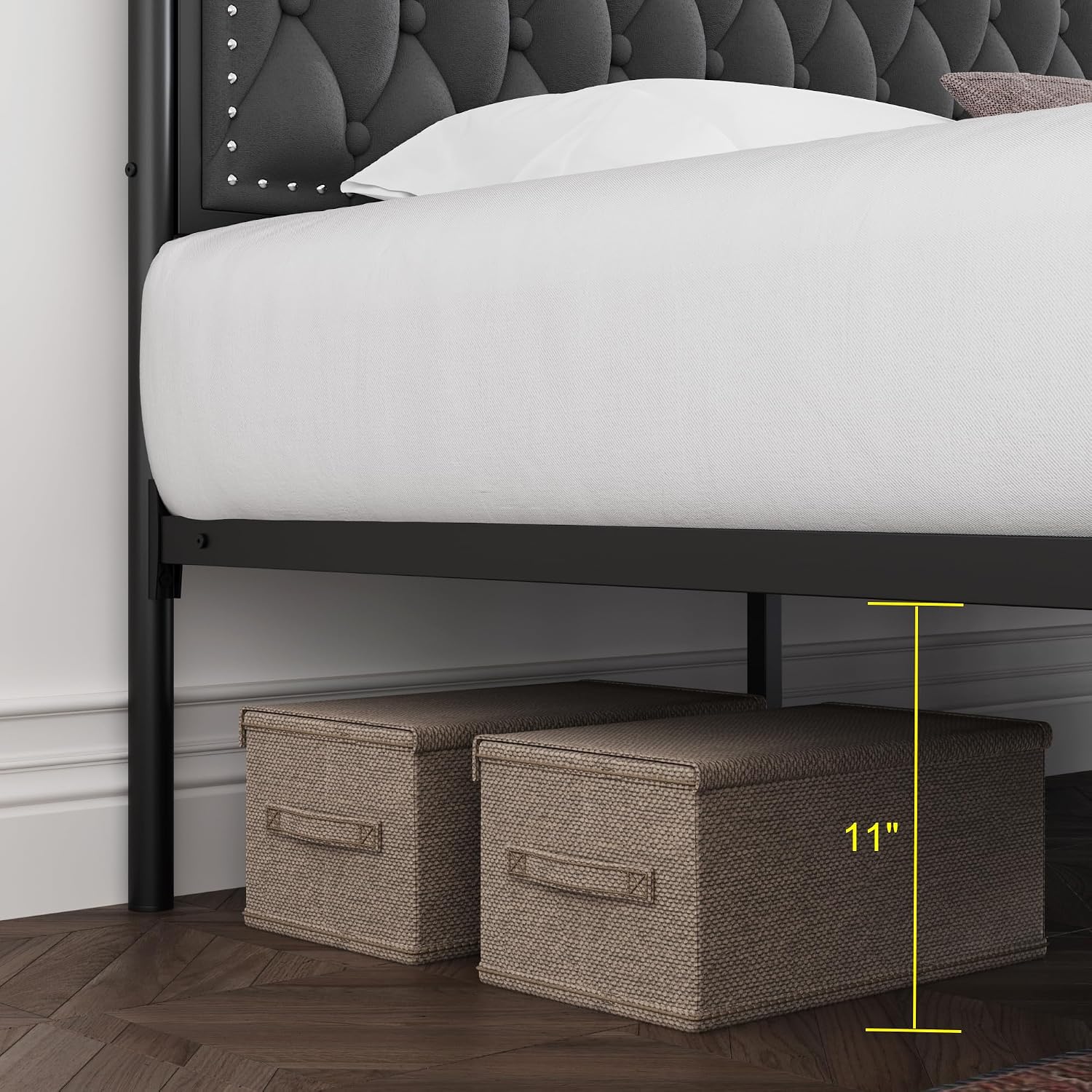 Keyluv Queen Upholstered Canopy Bed Frame with 2 Storage Drawers & Button Tufted Headboard, Metal Platform Bed with 4 Removable Posts, Two-Purpose Velvet Bed, Dark Grey/Curtain Not Included