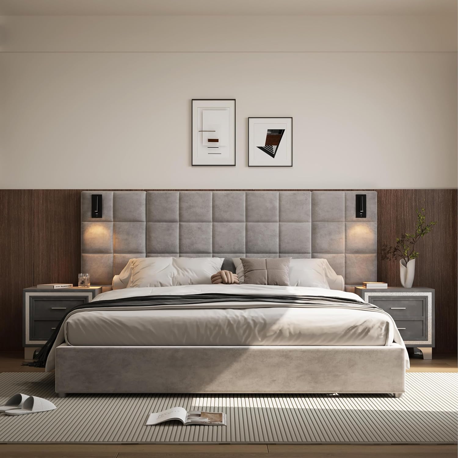 King Platform Bed Frame with Headboard, Elegant Velvet Upholstered Bed with Grid Pattern Padded Headboard, 2 LED Wall Sconces & USB Ports, No Box Spring Needed, Easy Assembly, Pearl Grey