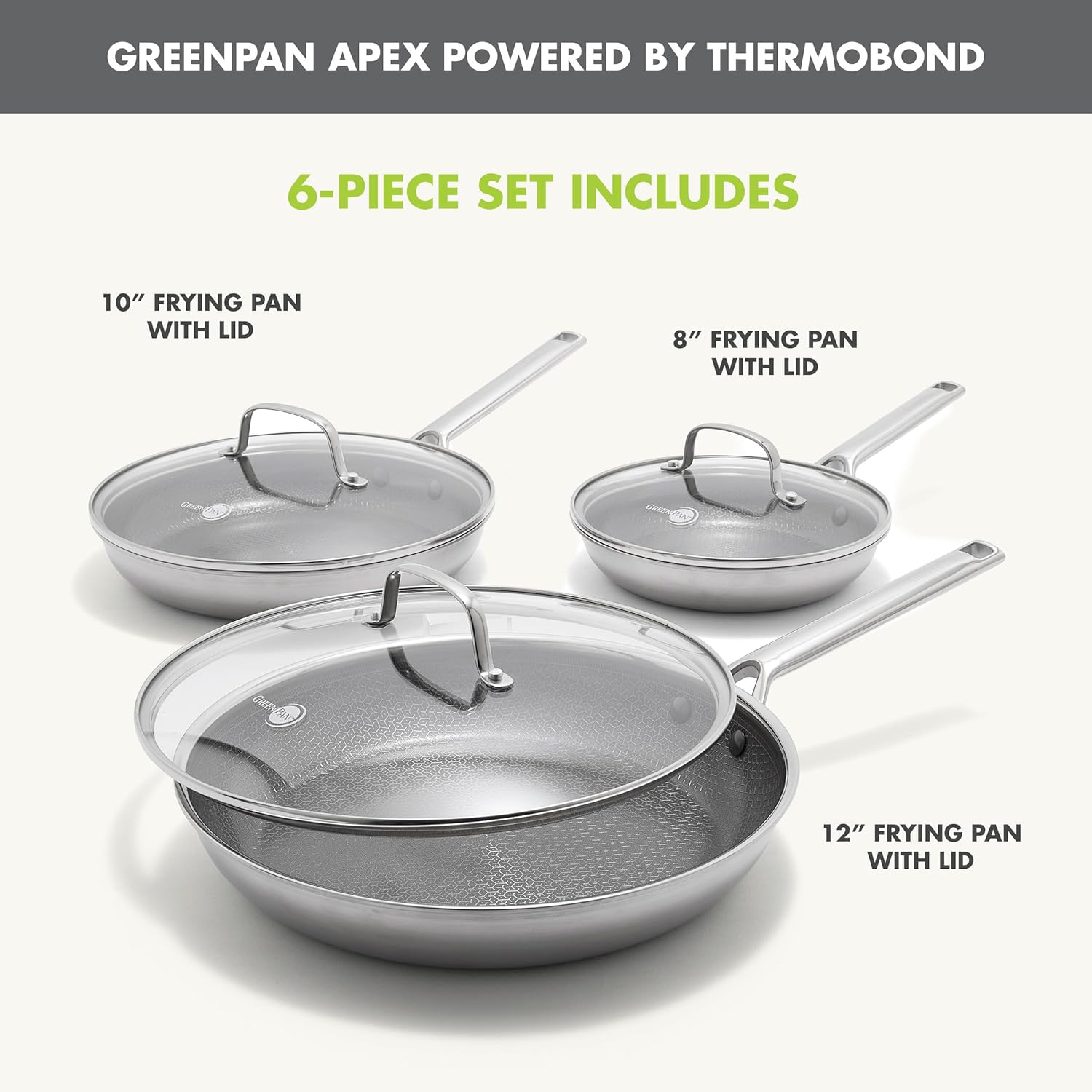 GreenPan Hybrid 8', 10' & 12' Nonstick Stainless Steel Frying Pan Set With Lids, APEX Tri-Ply Thermobond, PFAS-Free, Induction & All Cooktop Compatible, Oven Safe to 850°F. Dishwasher Safe, Silver