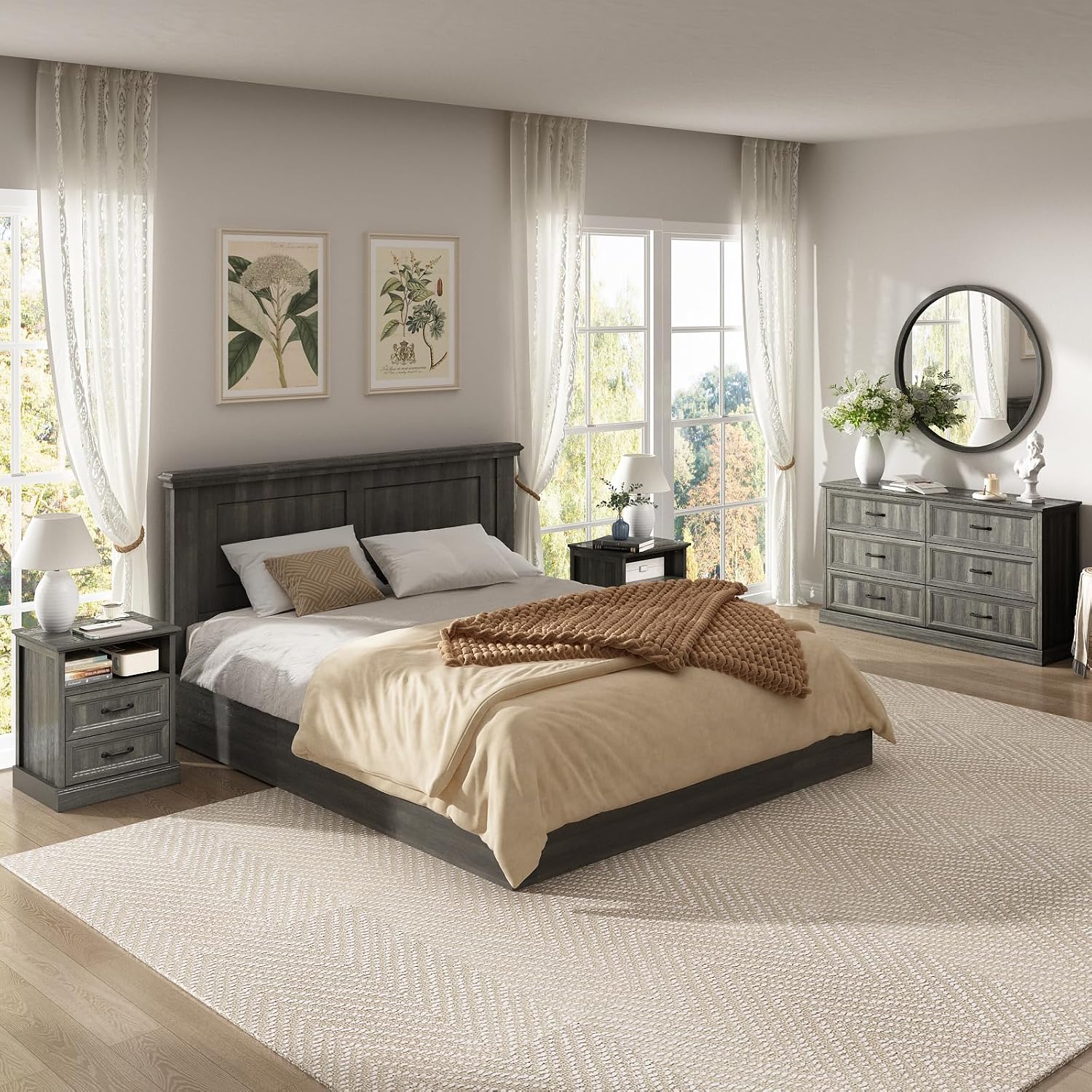 CARPETNAL Farmhouse Dresser and Nightstand Sets for Bedroom, 3 Pcs Bedroom Set, 6 Drawer Dresser & Nightstand Set of 2, Modern Wood Chest of Drawers for Bedroom, Living Room, Entryway, Grey
