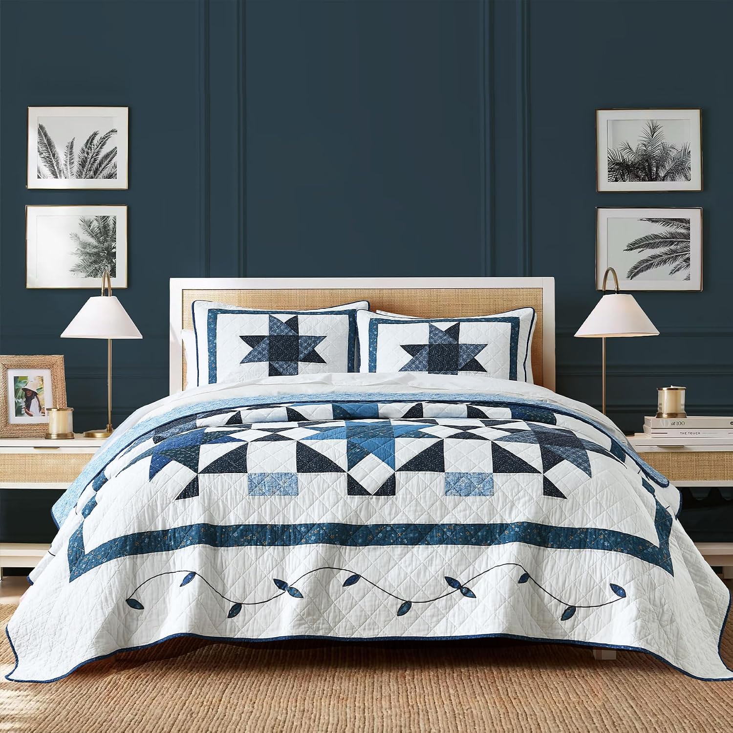 Secgo Handmade Quilted 100% Cotton Queen Comforter Set for Bed - 100% Cotton Quilts Queen Size, Black Bedspreads (90 * 96 Inch) with 2 Pillow Shams, Patchwork Reversible Lightweight Bedding