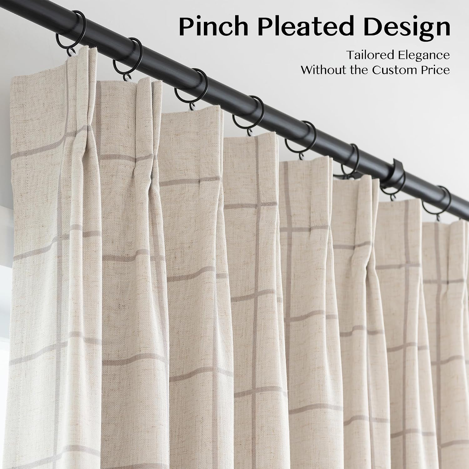 THREE GIRLS Pinch Pleated Plaid Curtains Blackout Linen Gingham Curtains for Living Room,Bedroom Checkered 92 Inches Long Double Layer 2 Panels Set Luxury and Modern Printed Design Darkening