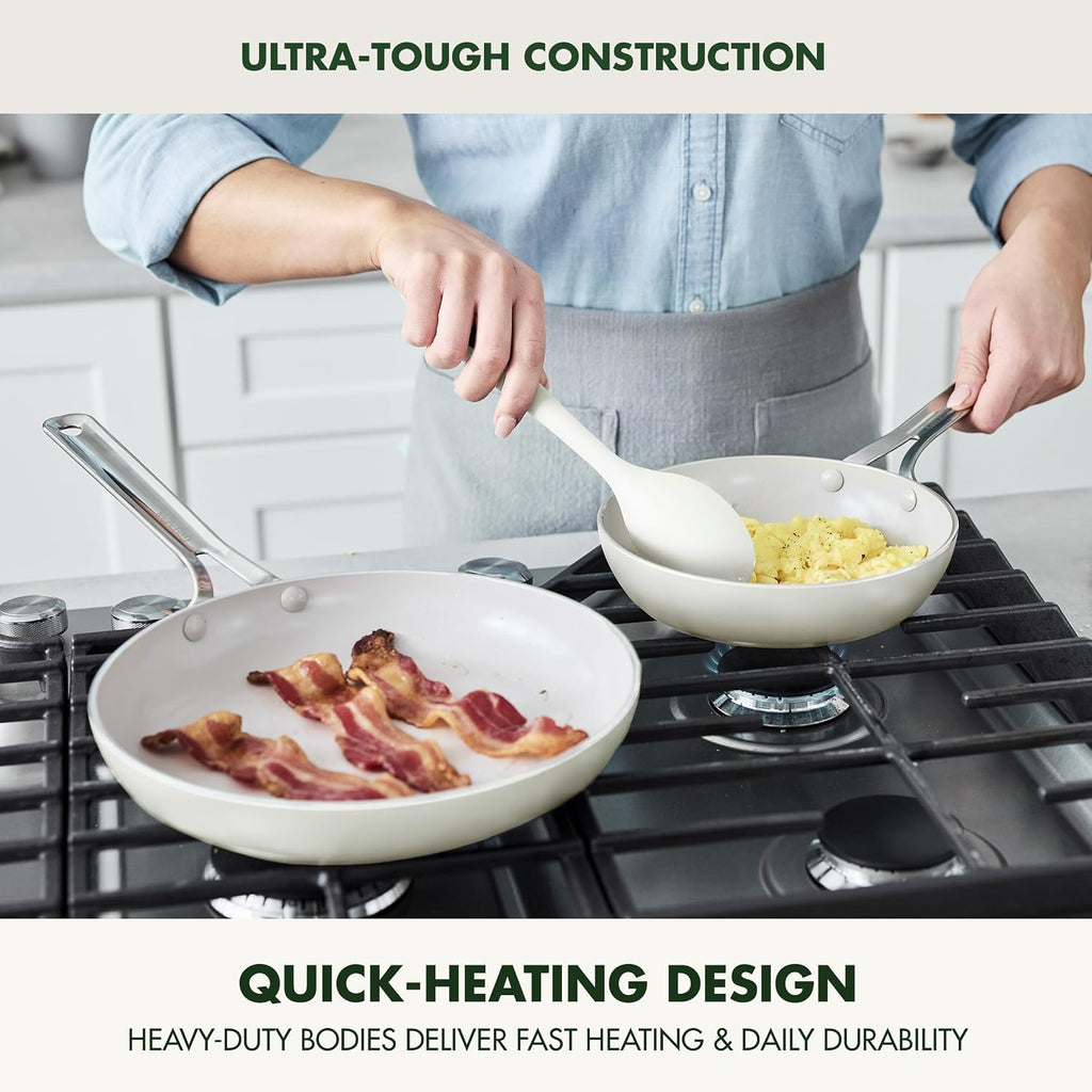 GreenPan Nova 8' & 10' 2 Piece Frying Pan Skillet Set, Oprah's Favorite Things 2024, Induction Suitable PFAS-Free Nontoxic Ceramic Nonstick, Dishwasher & Oven Safe, Quick Even Heating, Cream White