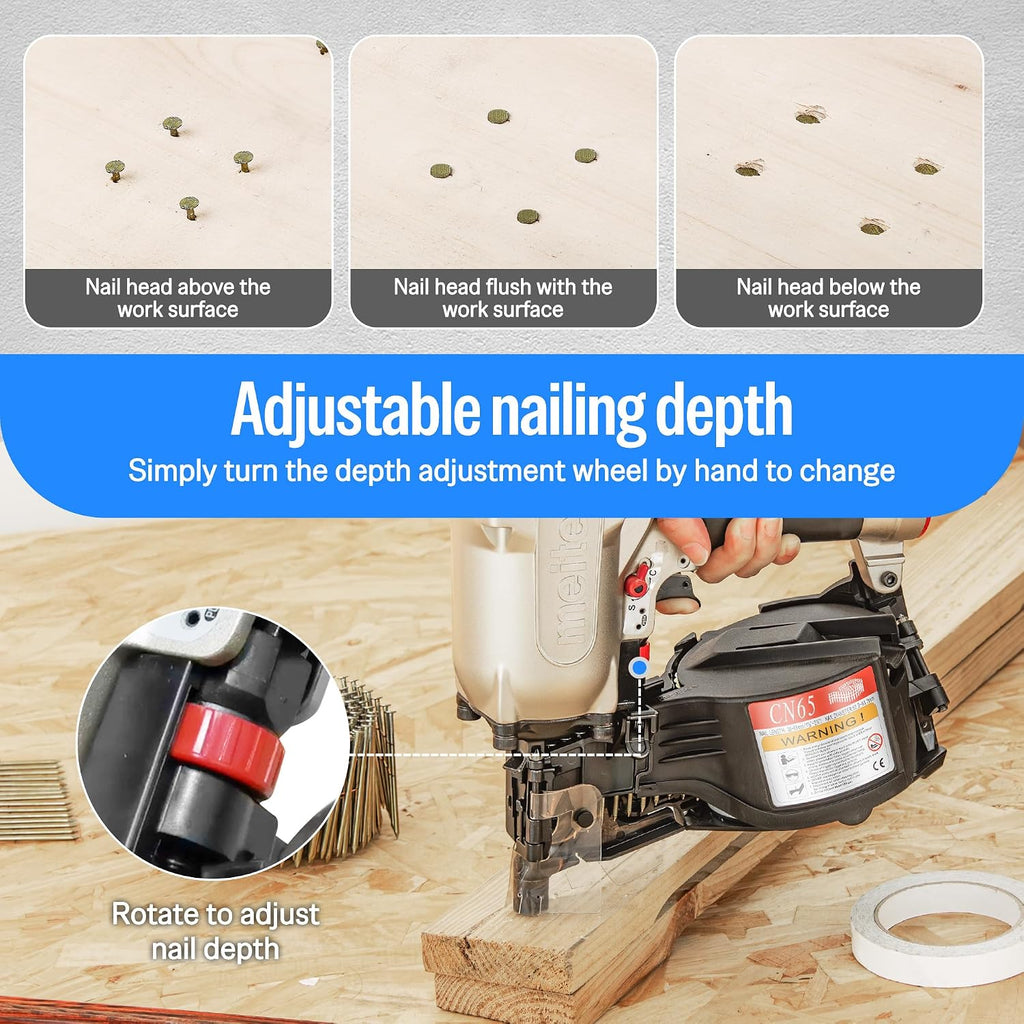 meite CN65 Coil Nailer Pneumatic Nail Gun 15 degree 1-1/2' to 2-1/2' Coil Nails, Heavy Duty Air Coil Nailer with Coil Nail Magazine 300PCS for Hardwood Projects Pallets Framing Sheathing