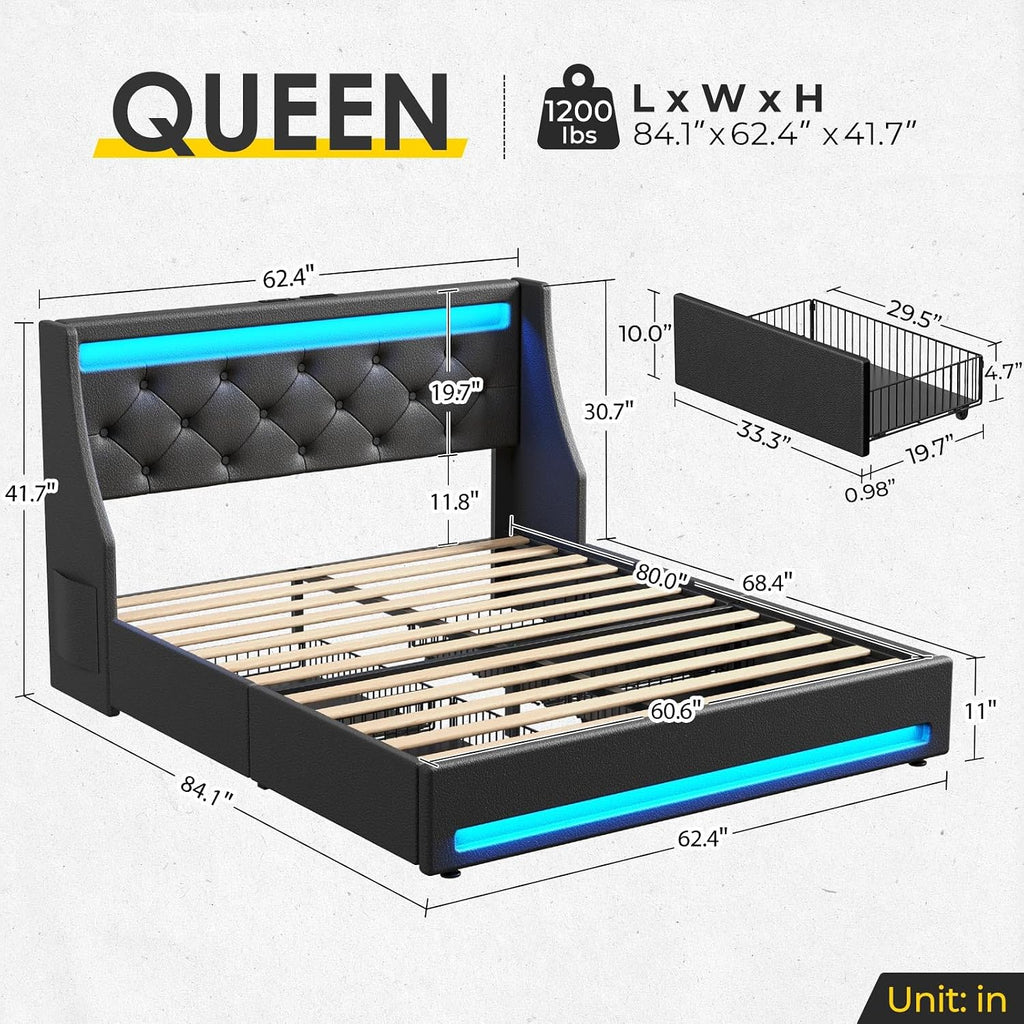 Rolanstar Queen Bed Frame with LED Lights and Charging Station, PU Leather Bed with Drawers, Wooden Slats, Noise Free, Easy Assembly, Black