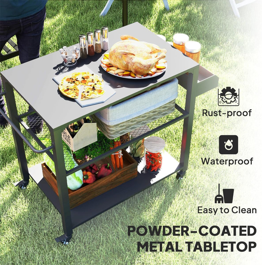 Portable Camping Cart Outdoor Grill Cart with Wheels, Griddle Tray Side Storage Rack Steel Tabletop Pizza Oven Table BBQ Prep, Serving Cart, Black 41.3' W x 19.7' D x 31.1' H