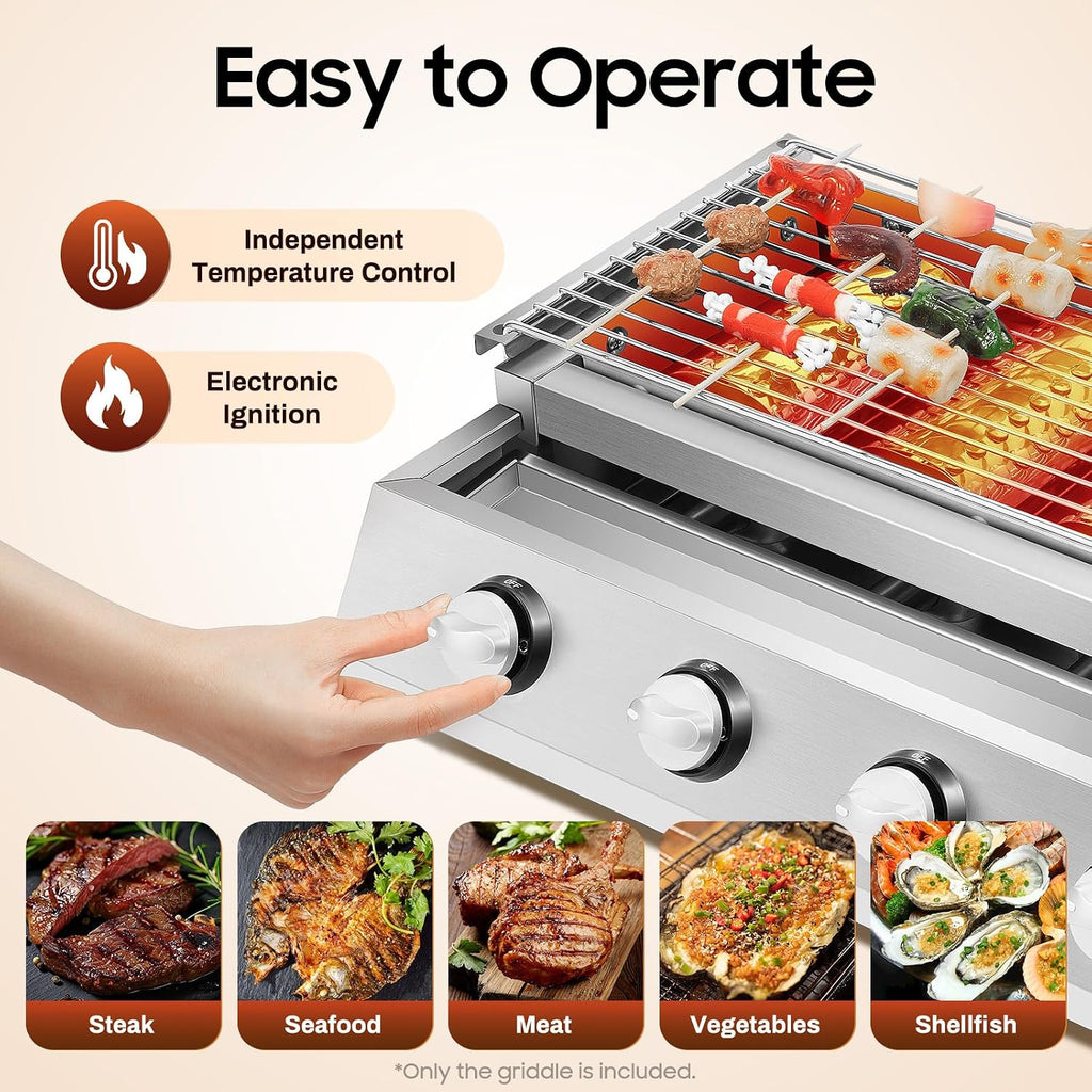 4 Burner Flat Top Gas Griddle,Portable Propane Griddle with Electronic Ignition,Tabletop Gas Grill for Outdoor Camping Cooking BBQ,Adjustable Grille Height