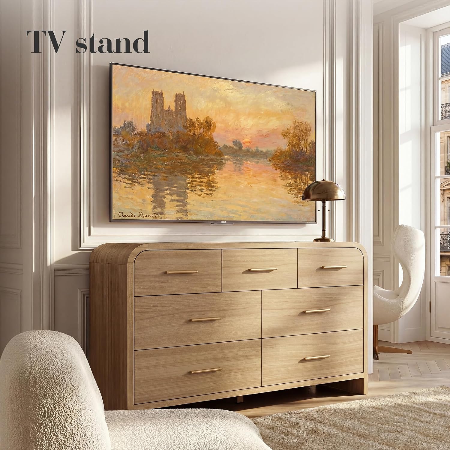 Curved 7-Drawer Dresser for Bedroom, 53.82' Wide Modern Chest of Drawers, Vanity Desk TV Stand for Living Room, Closet Storage Drawers Organizer Furniture, Nursery, Hallway, Oak