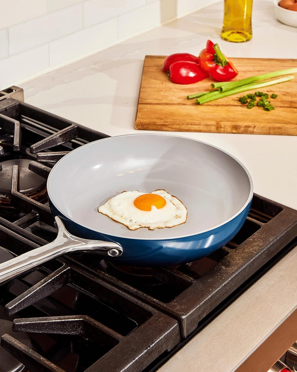 Caraway Fry Pan and Sauté Pan Duo - 10.5' Ceramic Frying Pan and 11.8' Deep Sauté Pan with Lid - Non Stick, Non Toxic, Oven Safe - Black