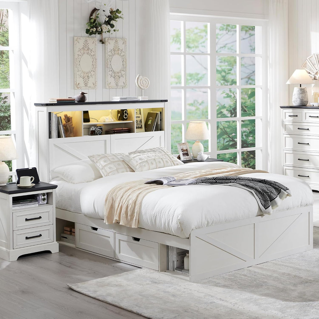 ACCOHOHO Farmhouse Full Size Bed Frame with 52' Tall Storage Headboard and LED Light, Wood Platform Bed with 4 Drawers, Charging Station, Solid Wood Slats Support, No Box Spring Needed, Antique White