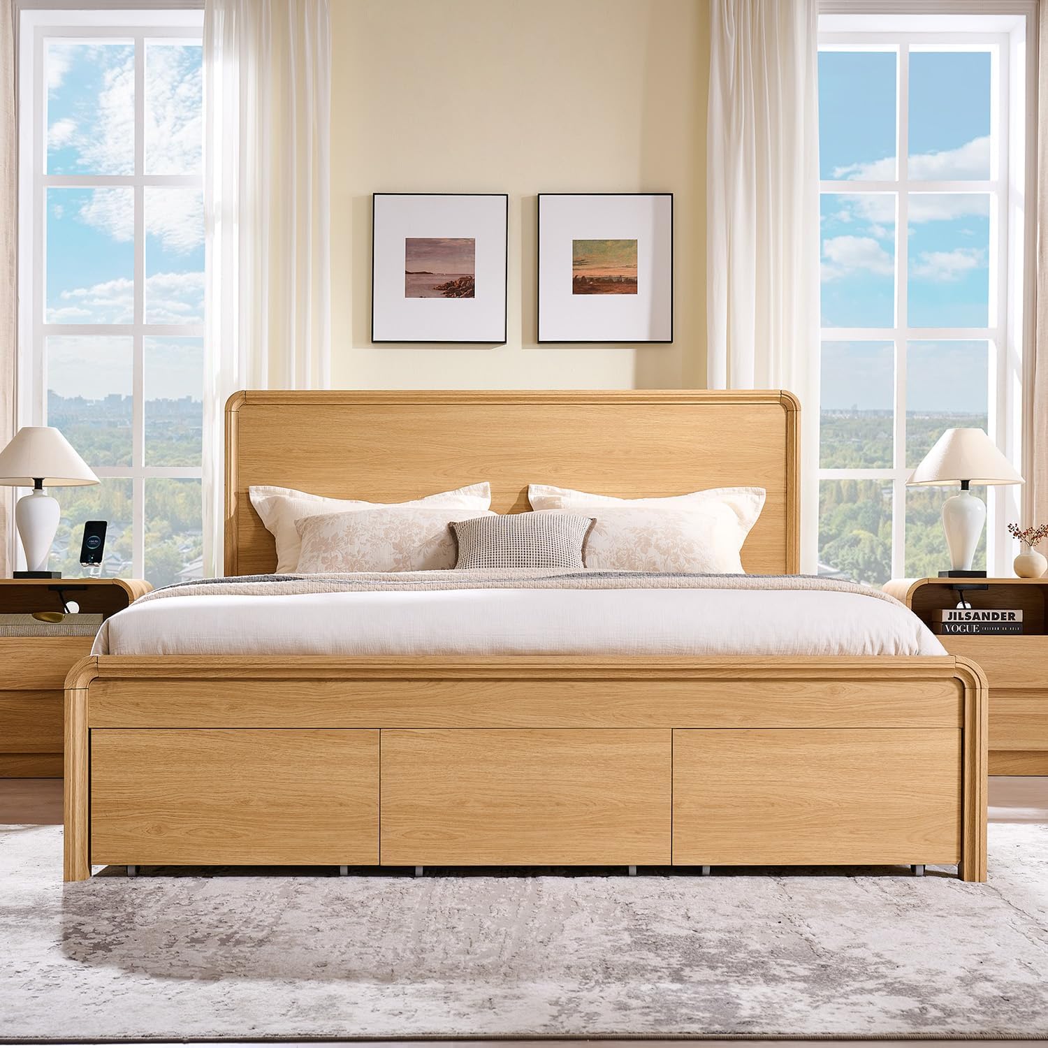 Aitjunz Modern King Size Bed Frame with 50' Tall Headboard, Wood King Size Platform Bed Frame w/3 Storage Drawers, Curved Profile Design, Wood & Steel Platform Bed, No Box Spring Needed, Natural Oak