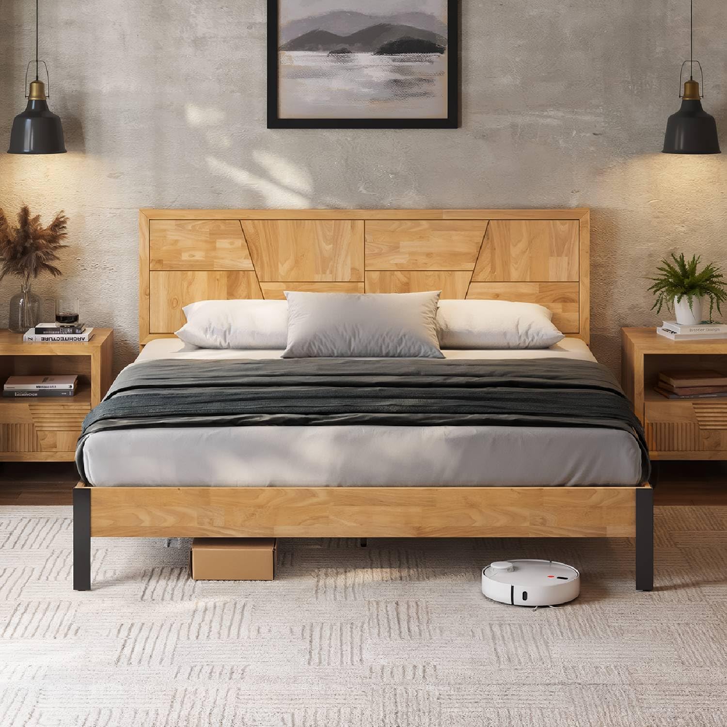 Bme Trapeze King Bed Frame – Modern Solid Wood Bed with Smooth Pattern Headboard, Black Metal Legs, Light Natural Finish – Durable King Size Platform Bed for Contemporary Bedrooms