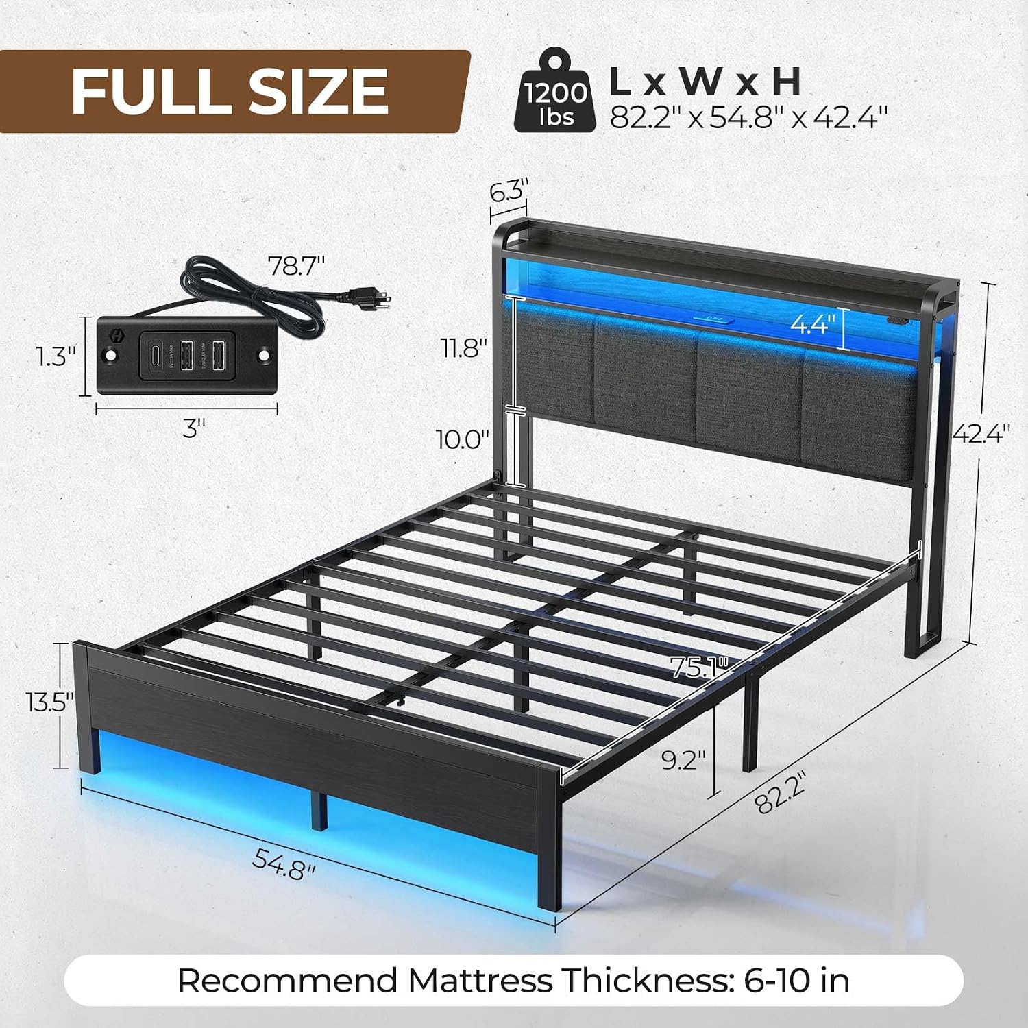 Rolanstar Bed Frame Full Size with Charging Station and LED Lights, Upholstered Headboard with Storage Shelves, Heavy Duty Metal Slats, No Box Spring Need, Noise Free, Easy Assembly, Dark Grey