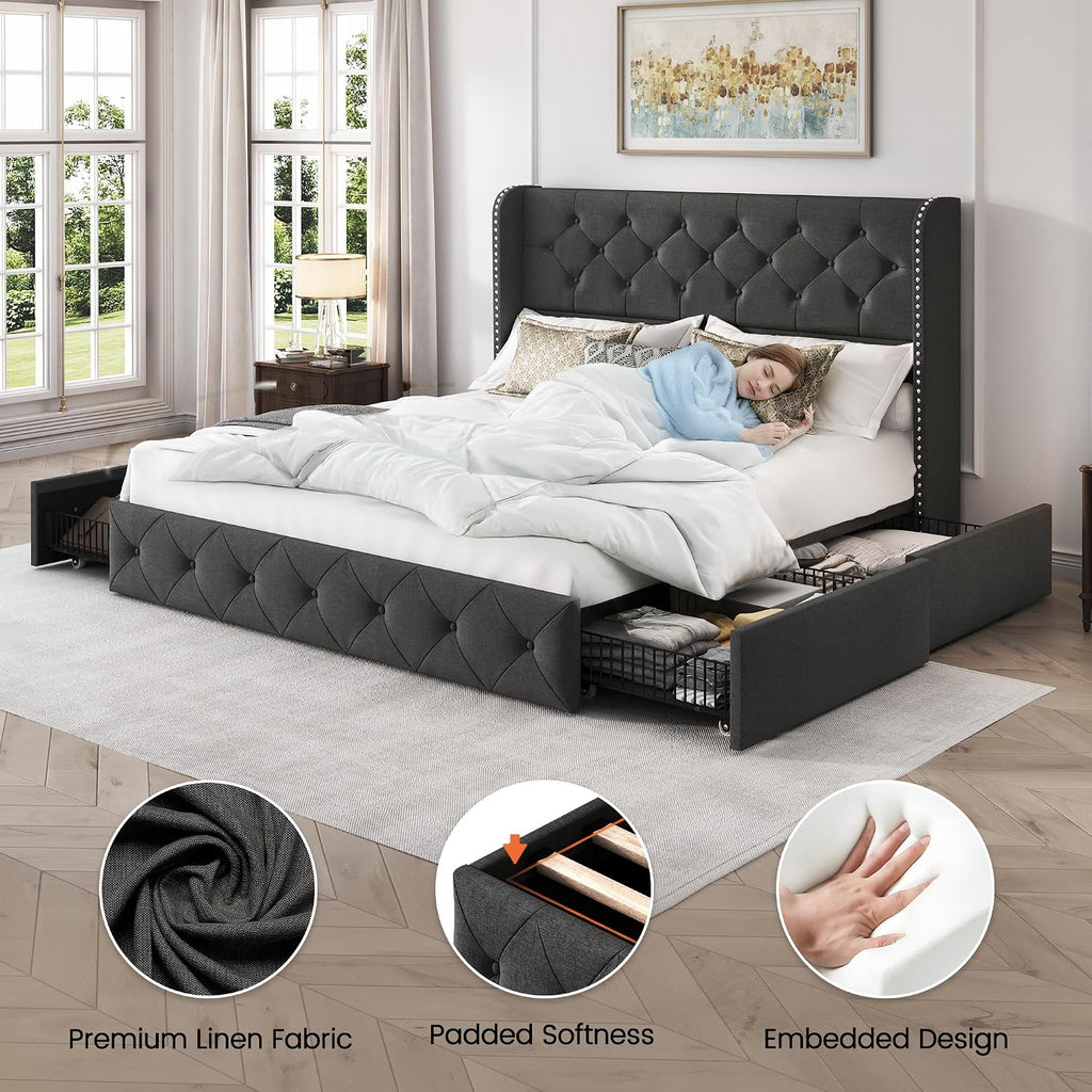 LARMACE Upholstered Queen Size Bed Frame with 4 Storage Drawers and 47.2' Tall Wingback Headboard Tufted Platform Bed Frame Linen Beds with Wooden Slats Support, Easy Assembly, Dark Grey