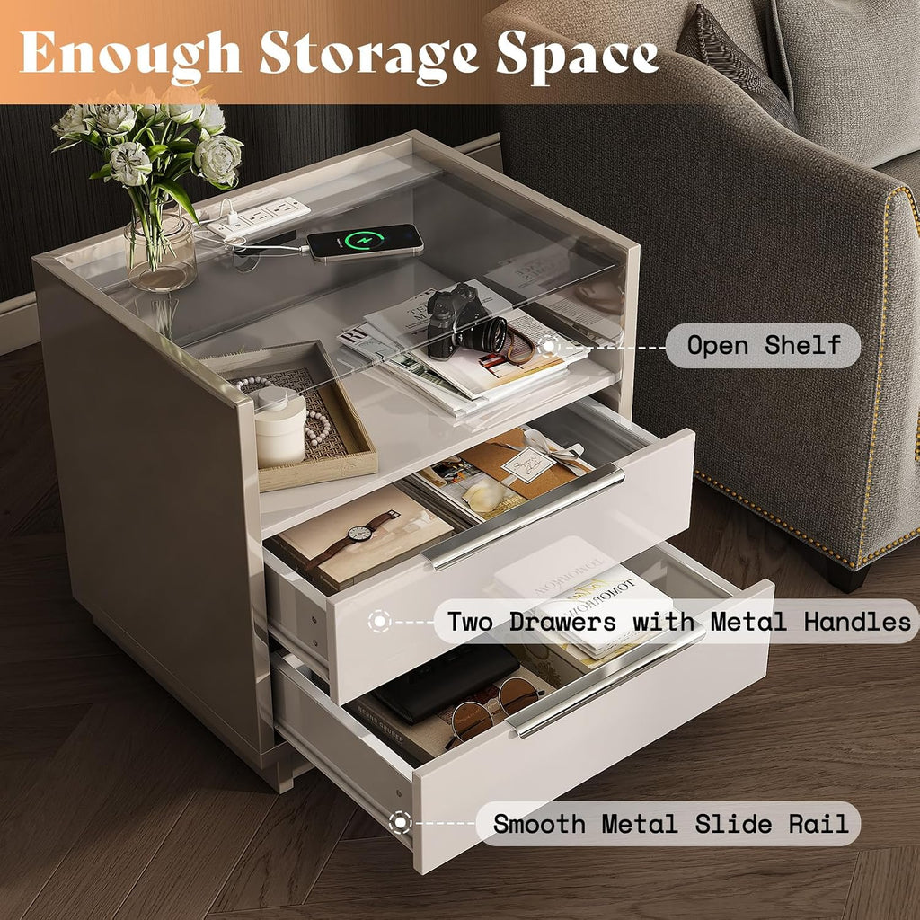 AMERLIFE 4 Piece Bedroom Furniture Set, 2 Nightstands with Charging Station, 8 Drawer Dresser with LED Light & 5 Drawer Chest, Modern High Gloss UV Finish, Bedroom Storage Organizer, Cream & Grey