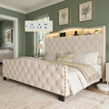 Belffin Queen Size Bed Frame and Headboard, 50.9' Velvet Upholstered Wingback Bedframe with LED Lights & Storage/Charging Station, Button Tufted Tall Footboard, No Box Spring Needed, Noise-Free, Beige