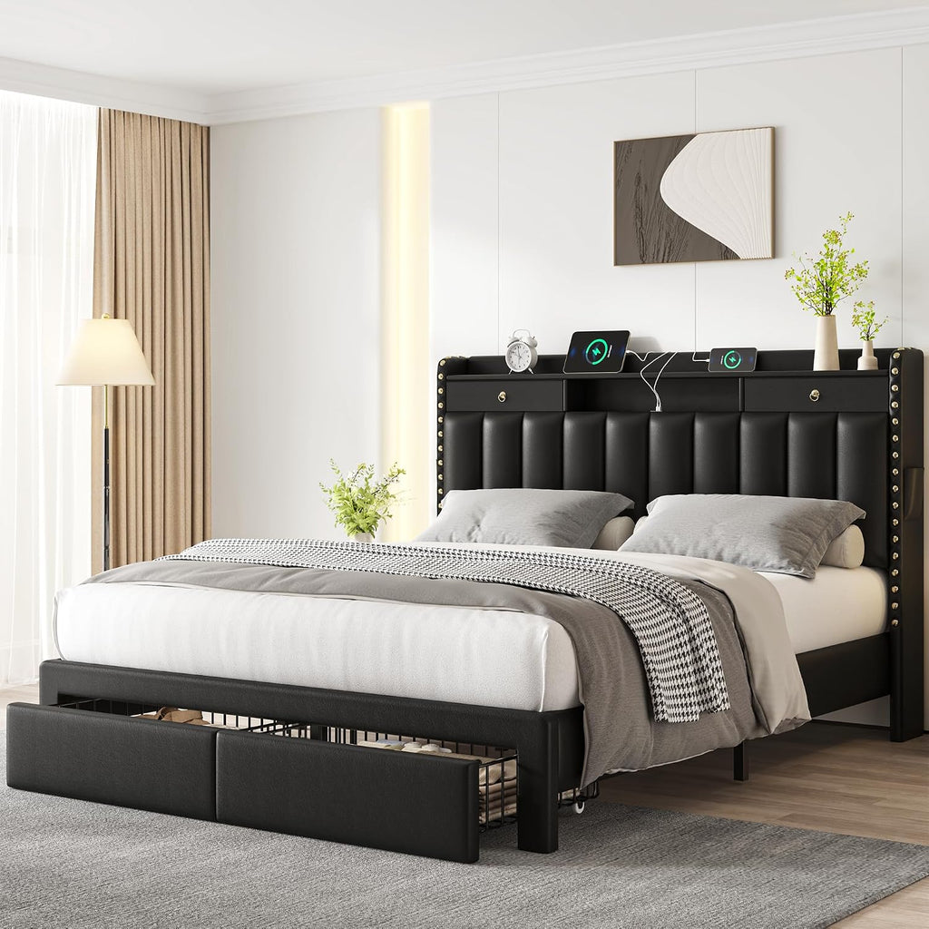 CypBed Full Upholstered Platform Bed Frame with Storage Headboard, USB & Type-C Charging Ports, 4 Drawers, Solid Wood Slats, No Box Spring Needed, Black,Gifts