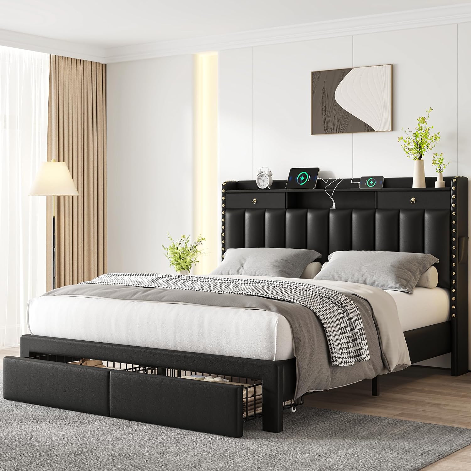 CypBed Full Upholstered Platform Bed Frame with Storage Headboard, USB & Type-C Charging Ports, 4 Drawers, Solid Wood Slats, No Box Spring Needed, Black,Gifts
