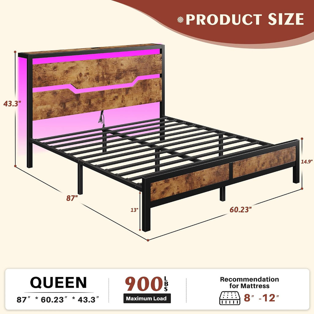 Homkdom Queen Bed Frame with LED Lights & Charging Station, Industrial Metal Platform Bed with 13' Large Under-Bed Storage, Heavy Duty Slats,Noise-Free, No Box Spring Needed,Modern Brown