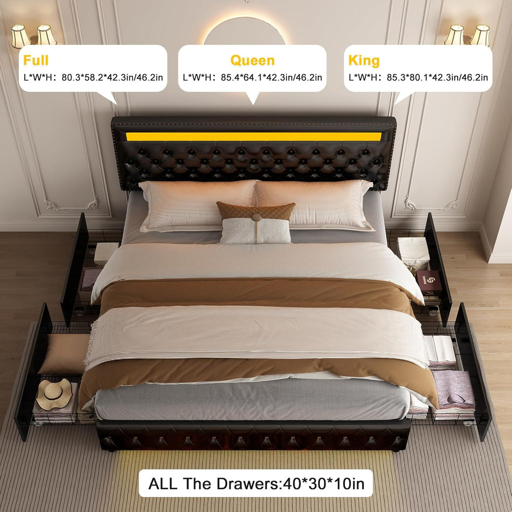 GEGOFORU King Led Bed Frame with 4 Storage Drawers, with Smart Control RGBW LED Lights Headboard Footboard, Control DIY Color, Box Spring Optional, PU Black