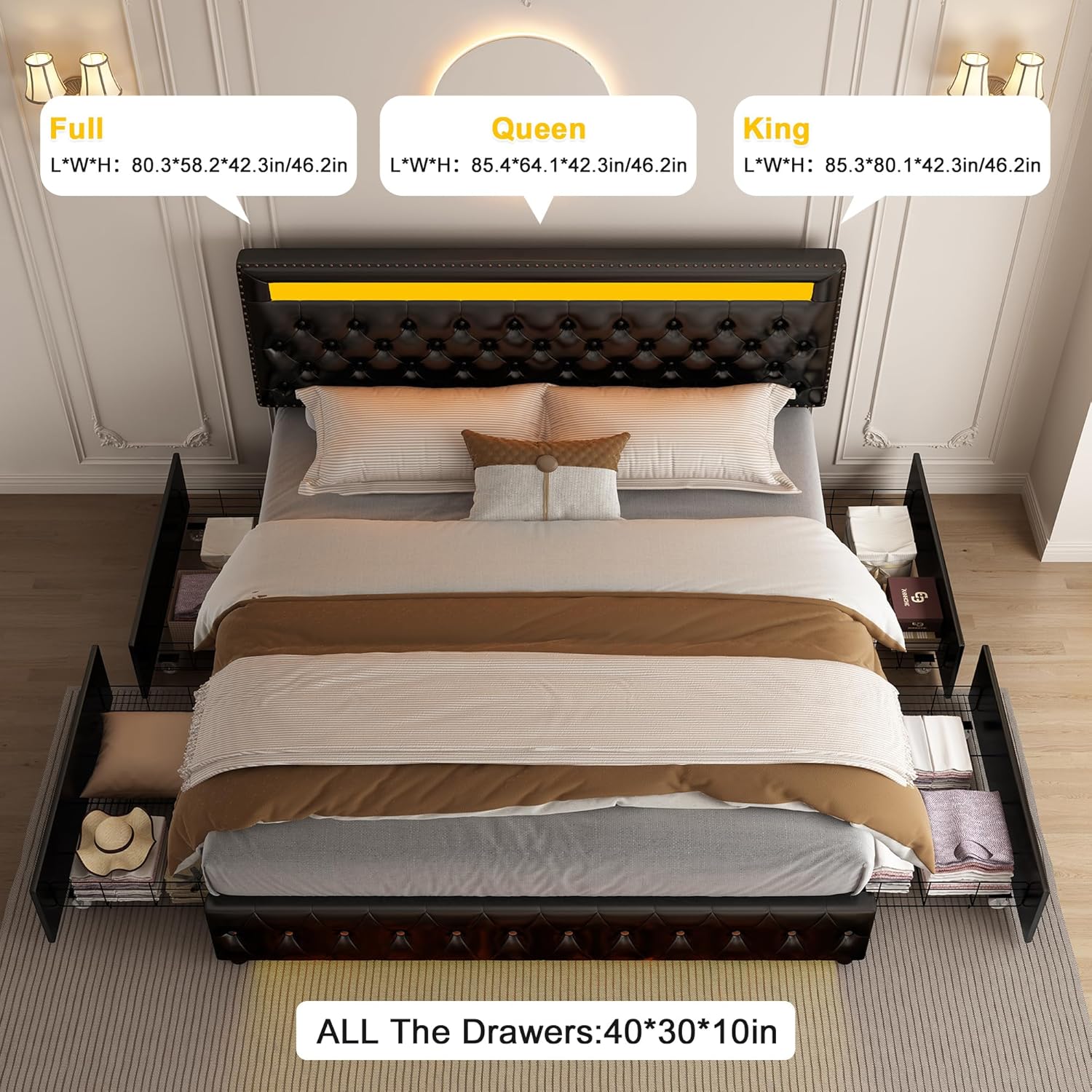 GEGOFORU King Led Bed Frame with 4 Storage Drawers, with Smart Control RGBW LED Lights Headboard Footboard, Control DIY Color, Box Spring Optional, PU Black