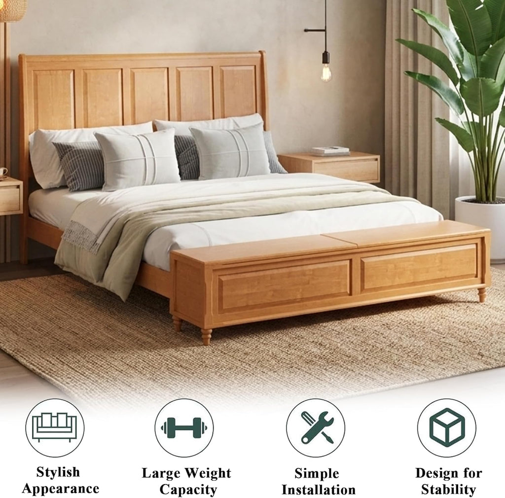 King Bed Frame with 53' Tall Headboard and Storage Bench, Solid Wood King Size Platform Bed with 64' Footboard Storage Chest,Heavy Duty Slats System,No Box Spring Needed, Natural