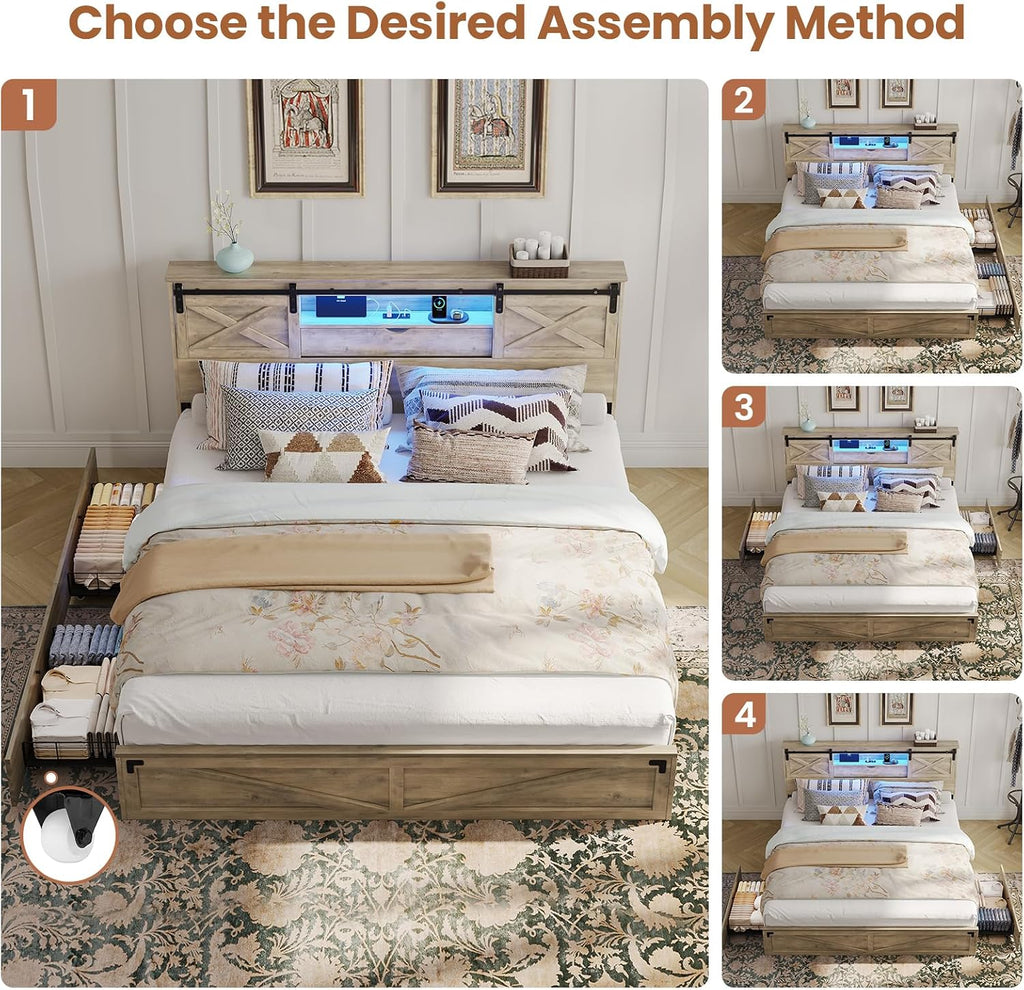 Hasuit Farmhouse Bed Frame King Size with Storage Bookcase Headboard, Wooden King Bed with LED Lights, Charging Station, 2 Drawers, Country Rustic Bed Frame with Sliding Barn Door
