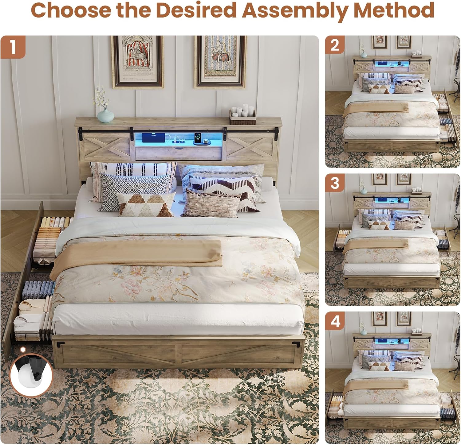 Hasuit Farmhouse Bed Frame King Size with Storage Bookcase Headboard, Wooden King Bed with LED Lights, Charging Station, 2 Drawers, Country Rustic Bed Frame with Sliding Barn Door
