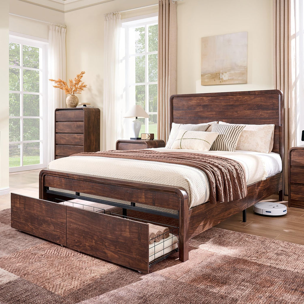 Aitjunz Modern Queen Size Bed Frame with 50' Tall Headboard, Wood Queen Size Platform Bed Frame w/3 Storage Drawers, Curved Profile Design, Wood & Steel Platform Bed, No Box Spring Needed, Dark Walnut