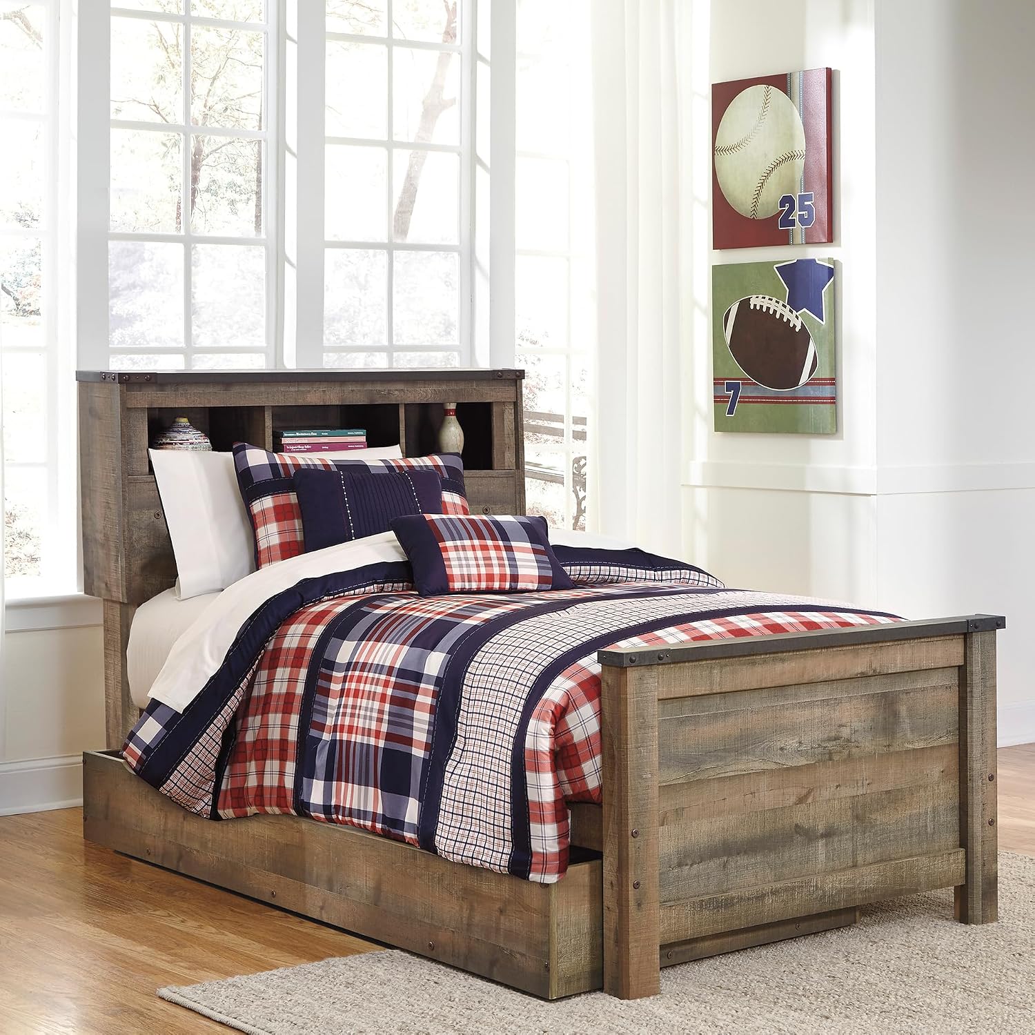 Signature Design by Ashley Trinell Casual Twin Bookcase Platform Bed with 1 Large Storage Drawer and Nailheads, Foundation or Box Spring Not Needed, Dark Brown