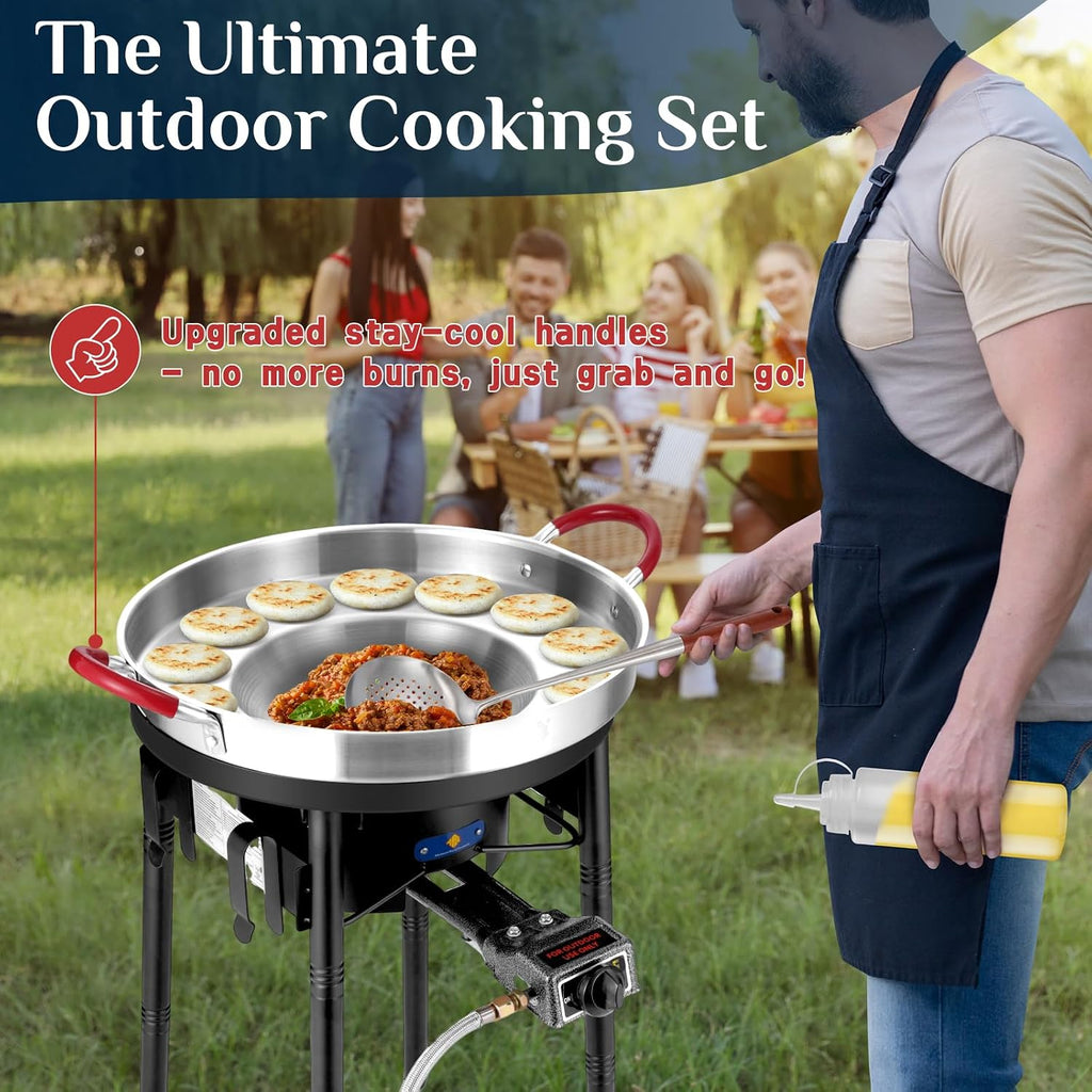 23' Concave Comal w/50,000BTU Propane Grill Burner Set, Discada disc Outdoor Cooker, Stainless Steel Griddle Fryer Cookware Set, Disco Para Cocinar, Tacos Stir Fry Wok, Paella Burner and Stand Set