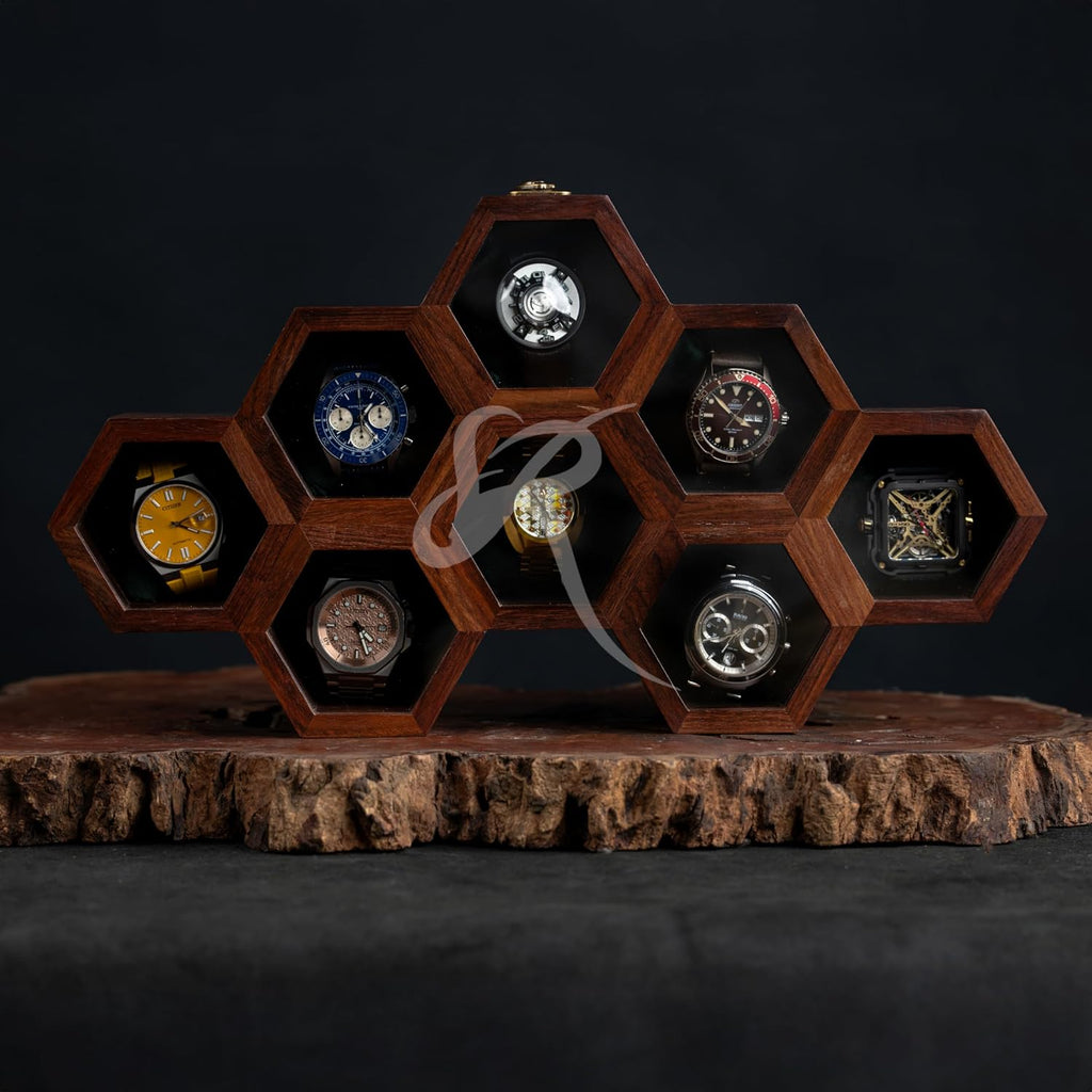 Watch Box for Men, Eight Slot Watch Display Case Mens Watch Box Organizer, Dark Rosewood Watch Case for Mens Valentines Gift Watch Case for precious timepiece with Glass Lid, Luxury Watch Organzer