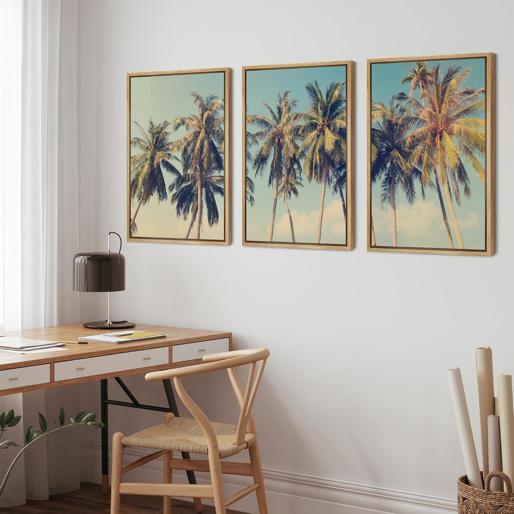 wall26 Framed Canvas Print Wall Art Set Row of California Palm Trees & Blue Sky Nature Wilderness Photography Realism Chic Scenic Relax/Calm for Living Room, Bedroom, Office - 16'x24'x3 Natural