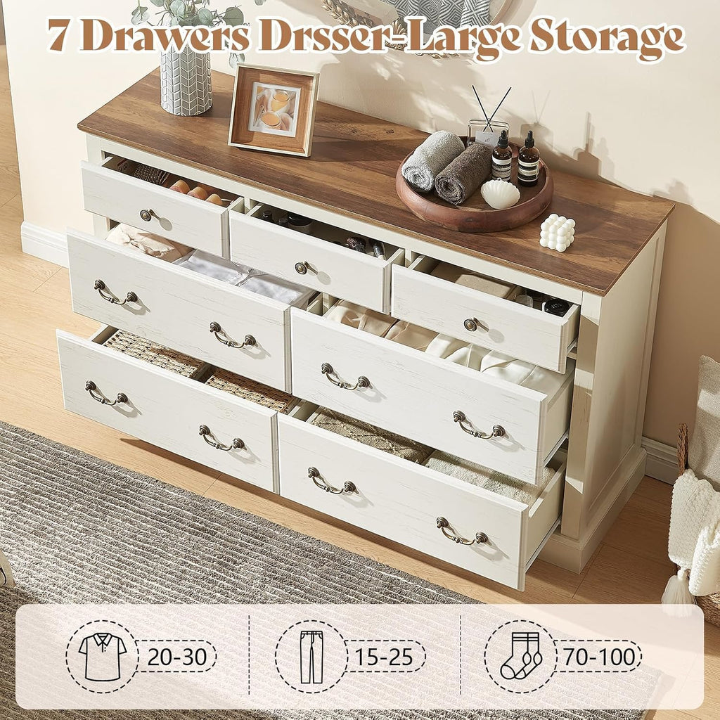 AMERLIFE Farmhouse 3 Pieces Bedroom Sets, Include 54' Wide 7 Drawers Dresser, Nightstand Set of 2 with Charging Station, Rustic Retro Bedroom Furniture Set, White