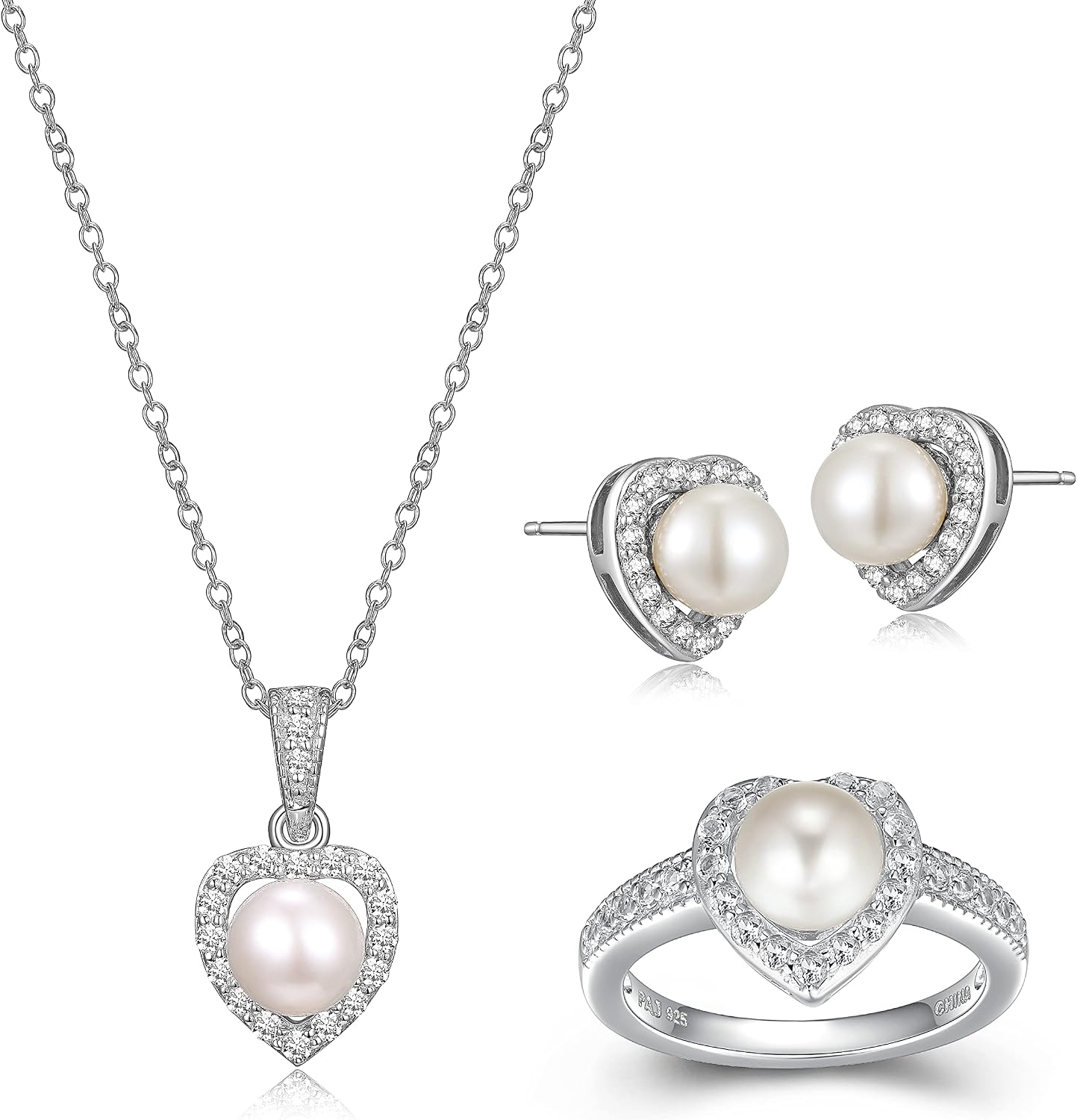 MORGAN & PAIGE .925 Sterling Silver Gemstones and White Sapphire Halo Heart Pendant Necklace, Ring and Stud Earrings for Women Set - Birthstone Jewelry Sets for Women, 18in Cable Chain, Size 7 Ring