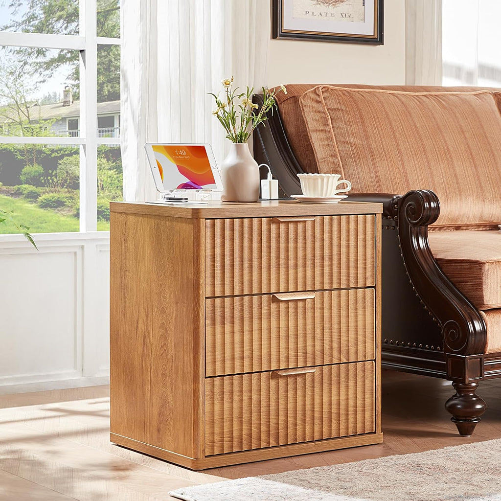 LEYAOYAO Fluted Dressers & Nightstand Set of 3, Wood 48' Wide Dresser & 42' Tall Chest of Drawers,Modern Bedroom Furniture Sets, Brown Wooden Nightstand with 3 Drawers & Charging Station