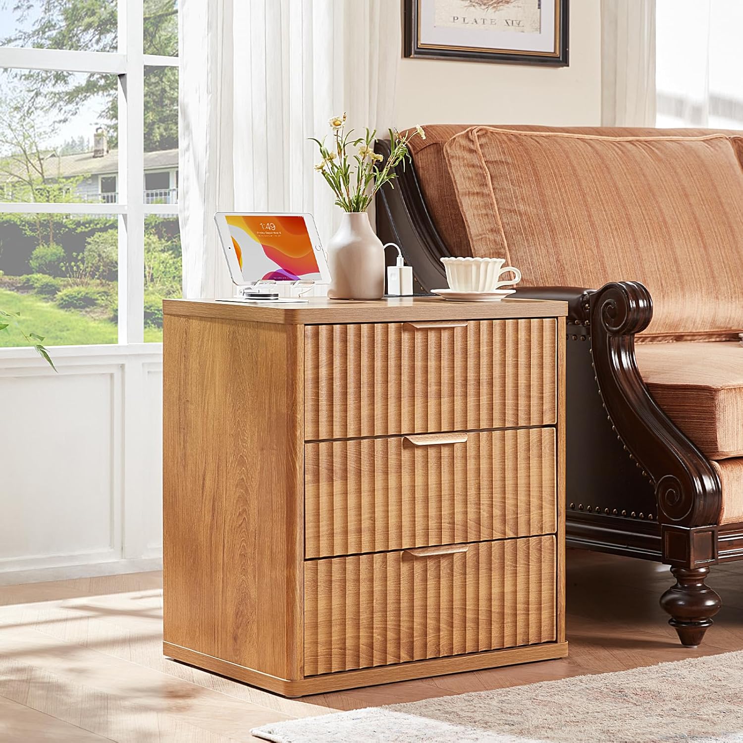 LEYAOYAO Fluted Dressers & Nightstand Set of 3, Wood 48' Wide Dresser & 42' Tall Chest of Drawers,Modern Bedroom Furniture Sets, Brown Wooden Nightstand with 3 Drawers & Charging Station